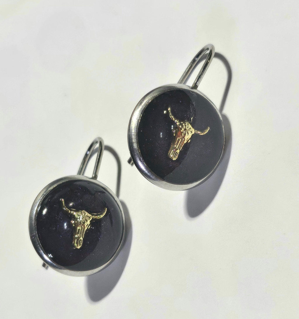 Dark Purple Bull Head Earrings - Rustic Boho Handmade Jewelry Gift for Her - Unique Quirky Accessory with Free Shipping