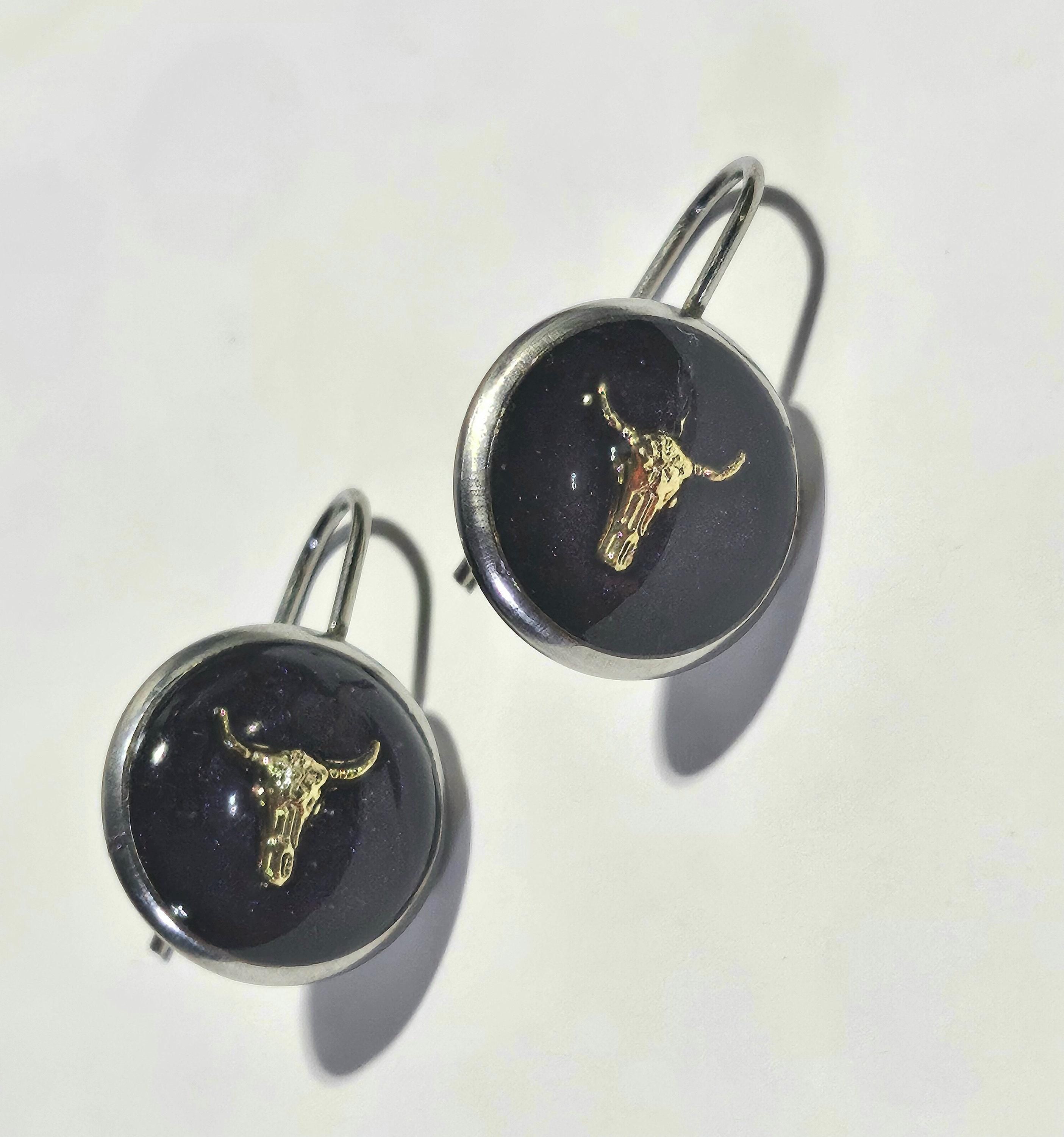 Dark Purple Bull Head Earrings - Rustic Boho Handmade Jewelry Gift for Her - Unique Quirky Accessory with Free Shipping