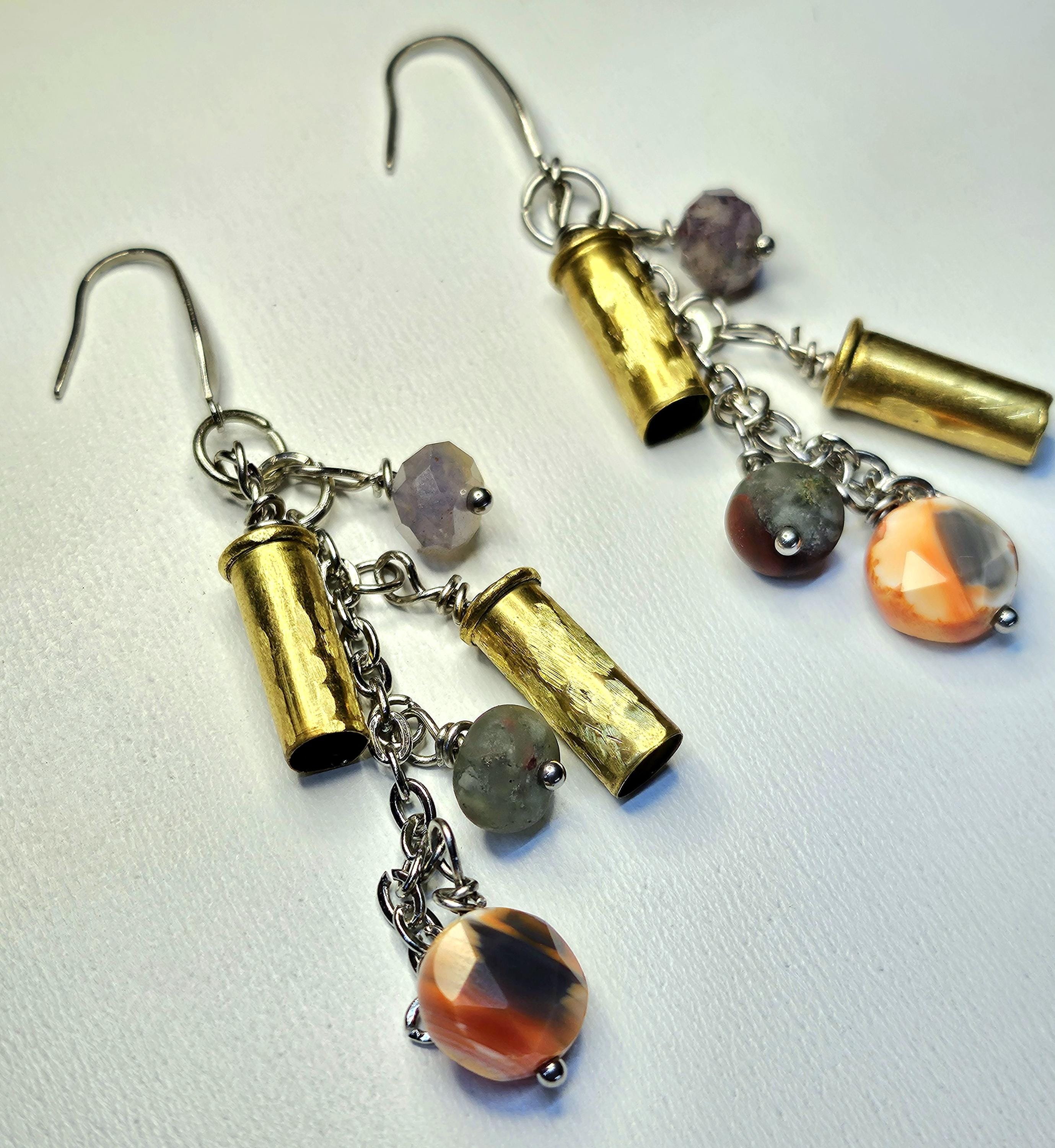 Hand Textured 22 Shell Earrings with Carnelian Amethyst  Bloodstone Beads on Stainless Steel Hooks  Unique Statement Jewelry