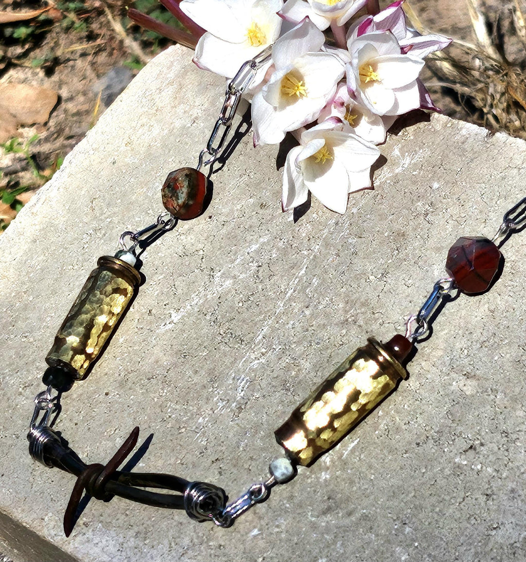 Barbed Wire  40mm Bullet Brass Pendant - Rustic Boho Handmade Jewelry Gift for Her - Unique Conversation Starter - Free Shipping