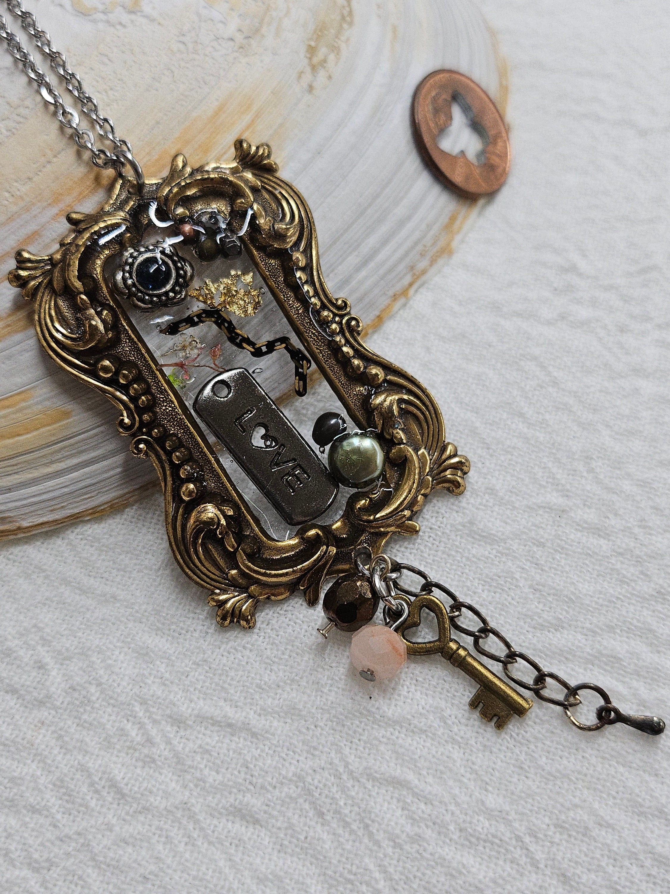 Multi-Media Framed Pendant Necklace with Whimsical Charms for Playful Style  Personality Expression