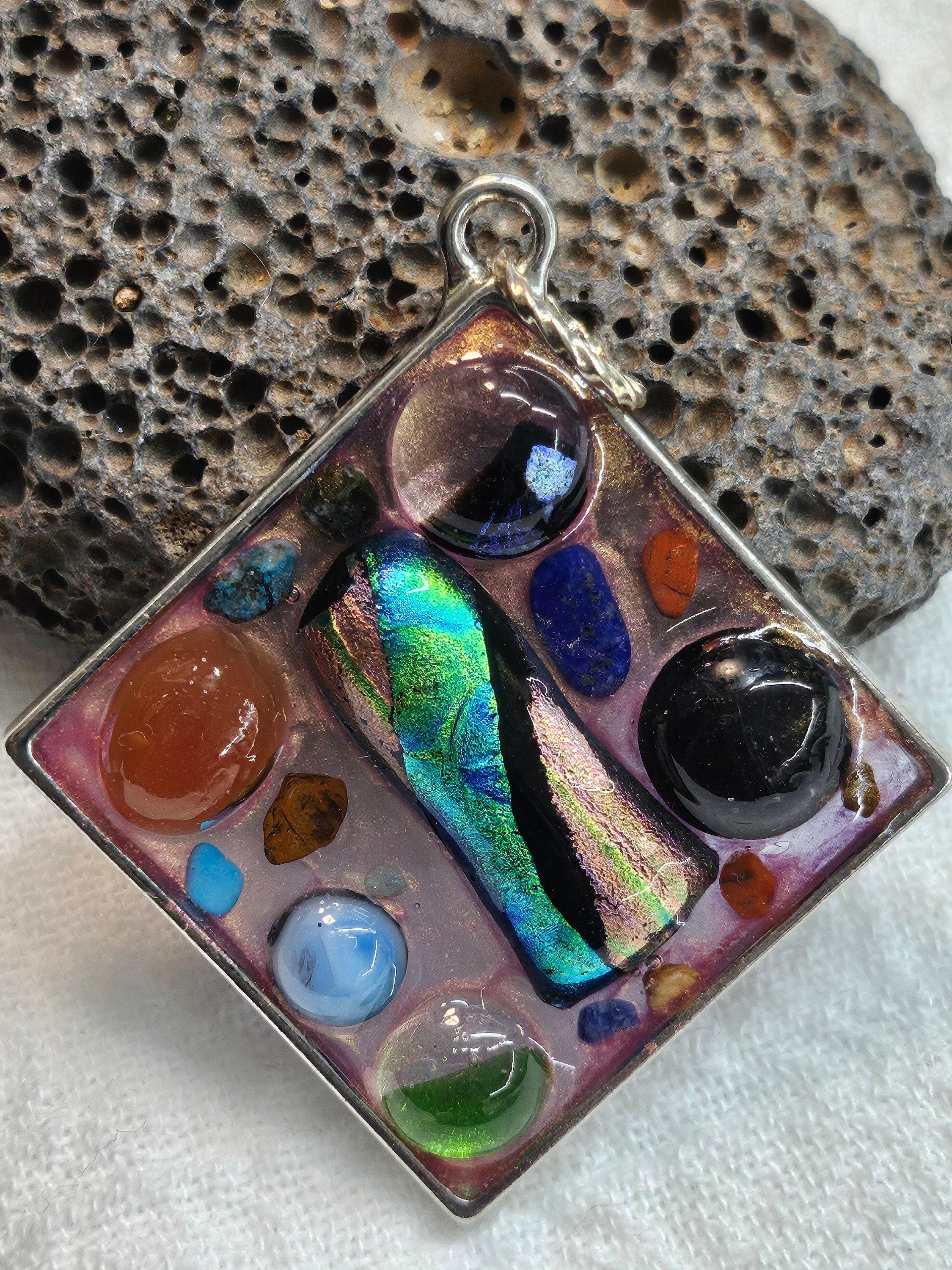 Fused Glass Mosaic Pendant in Rustic Boho Style  Handmade Jewelry Gift for Her  Unique Statement Accessory with FREE Shipping 236