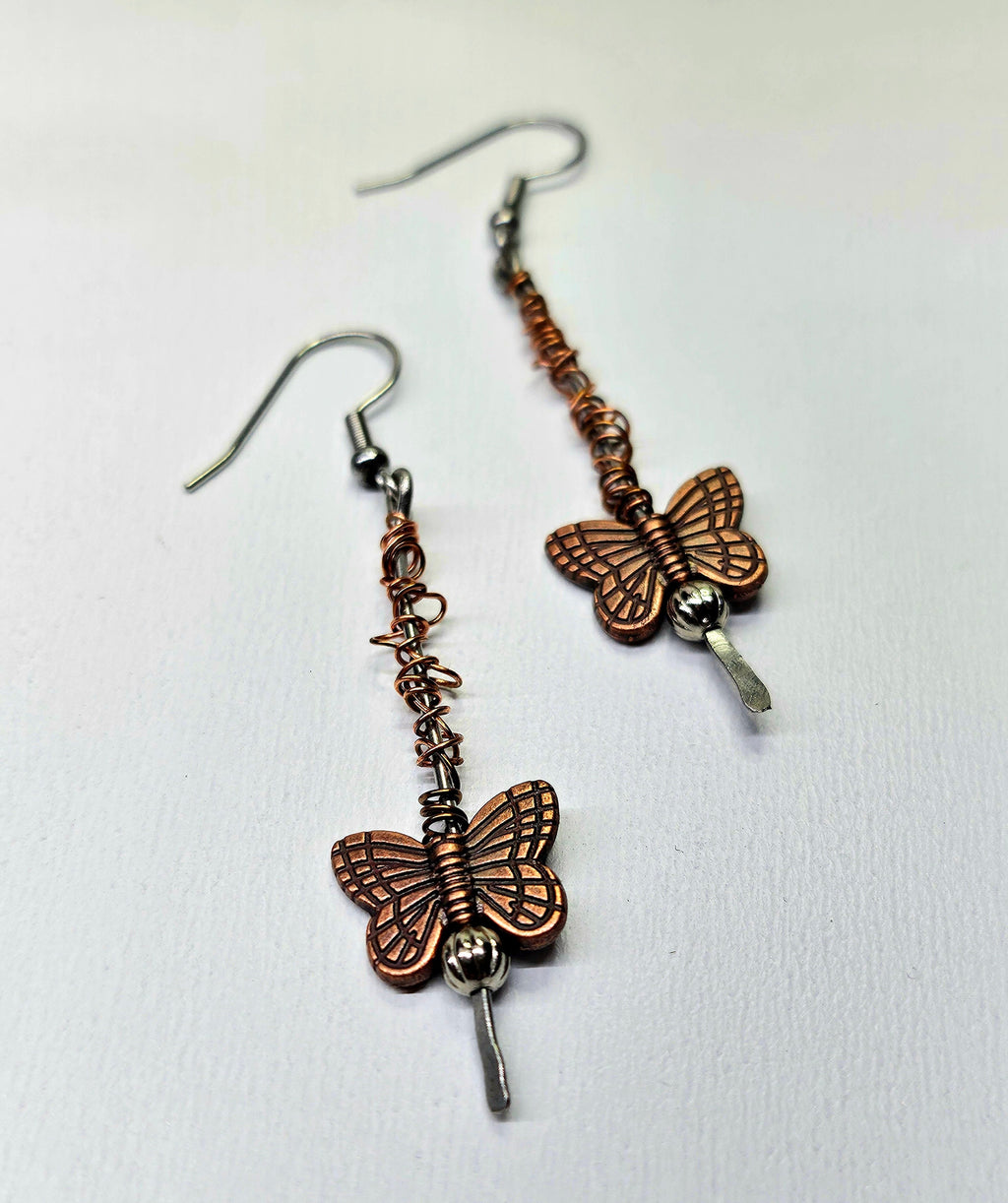 Copper Butterfly Dangle Earrings with Stainless Steel Hooks for Whimsical Fashion Lovers