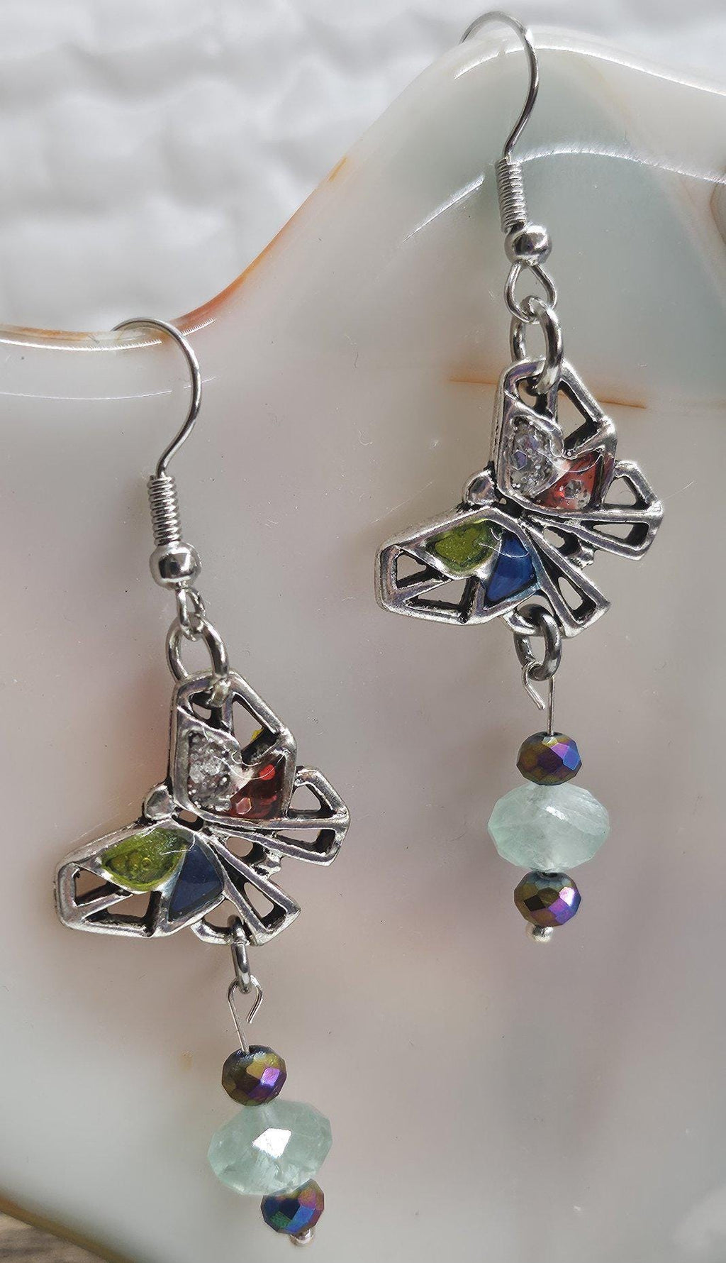 Butterfly Aquamarine Dangle Earrings in Stainless Steel - Rustic Boho Charm with Unique Elegance for Fairy Tale Style Perfect Gift