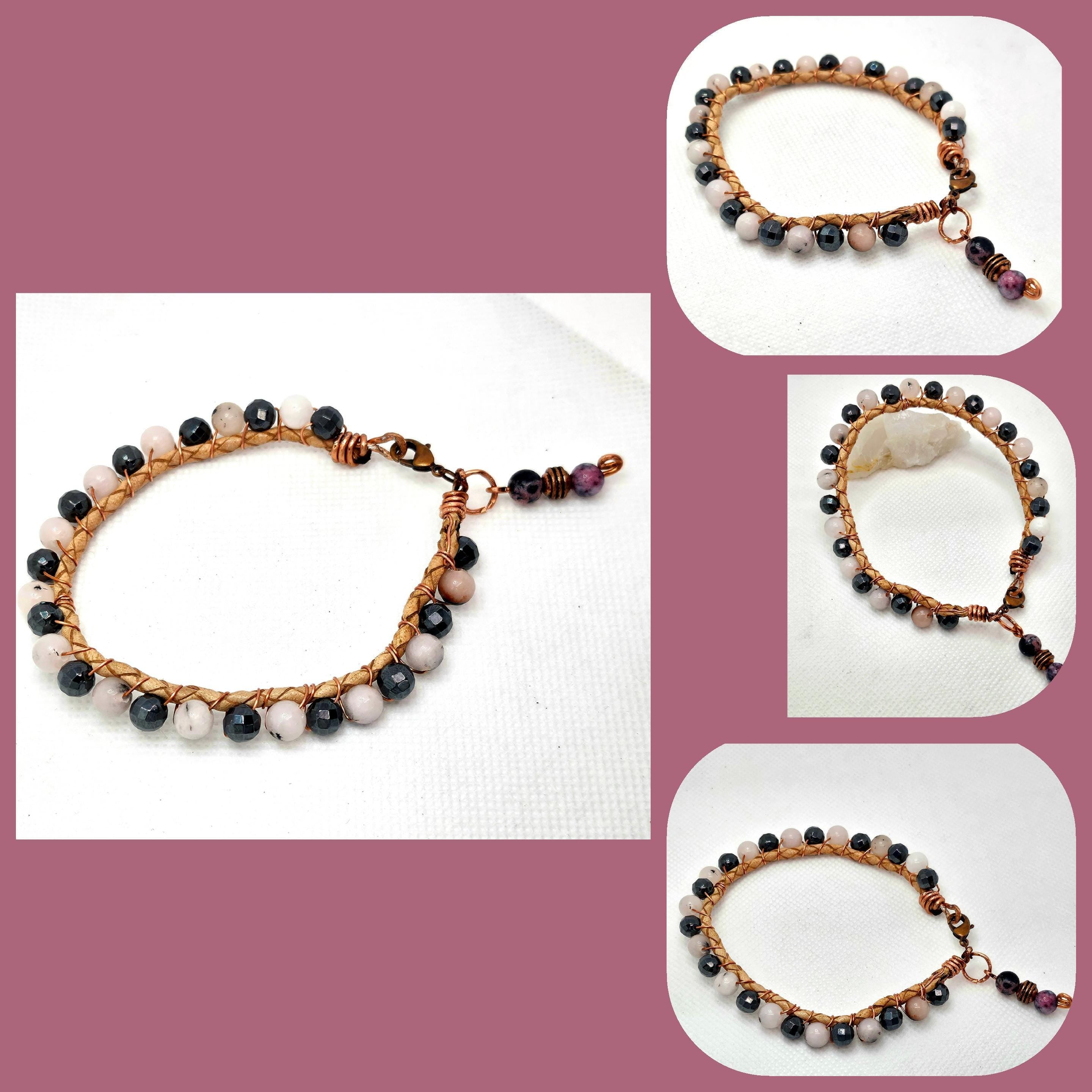 Rutilated Quartz  Hematite Leather Bracelet - Rustic Boho Handmade Jewelry Gift for Her - FREE SHIPPING