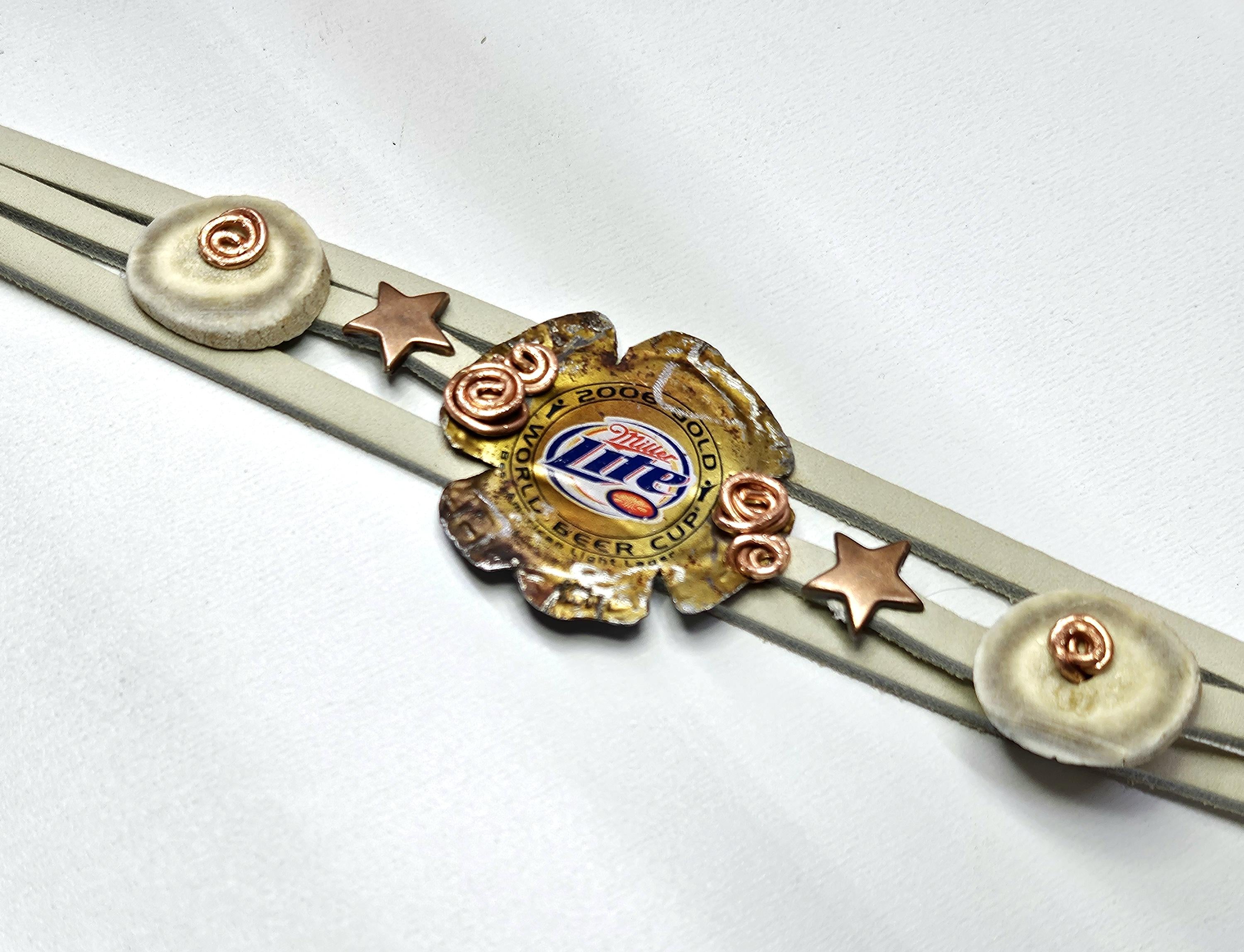 Metal Beer Cap Leather Bracelet with Genuine Deer Antler Slice for Rustic Strength Style  Masculinity