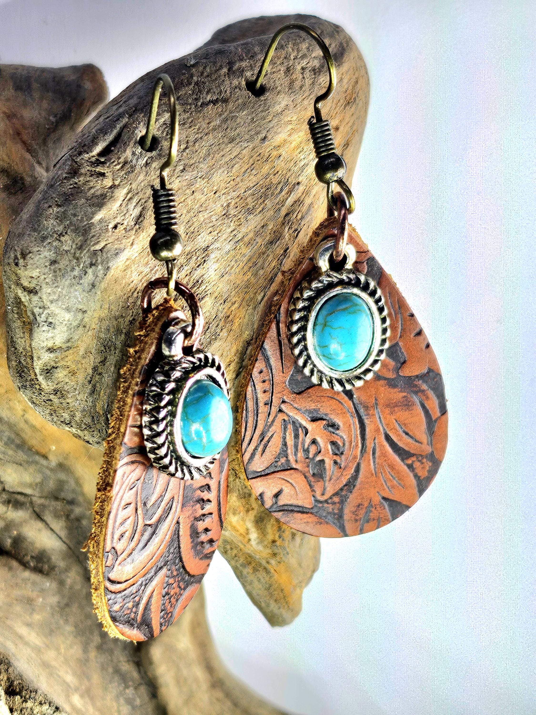 Handcut Leather Turquoise Dangle Earrings with Stainless Steel Hooks for Stylish Comfort