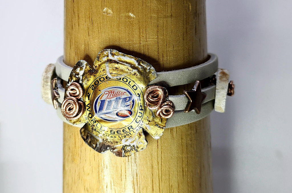 Metal Beer Cap Leather Bracelet with Genuine Deer Antler Slice for Rustic Strength Style  Masculinity