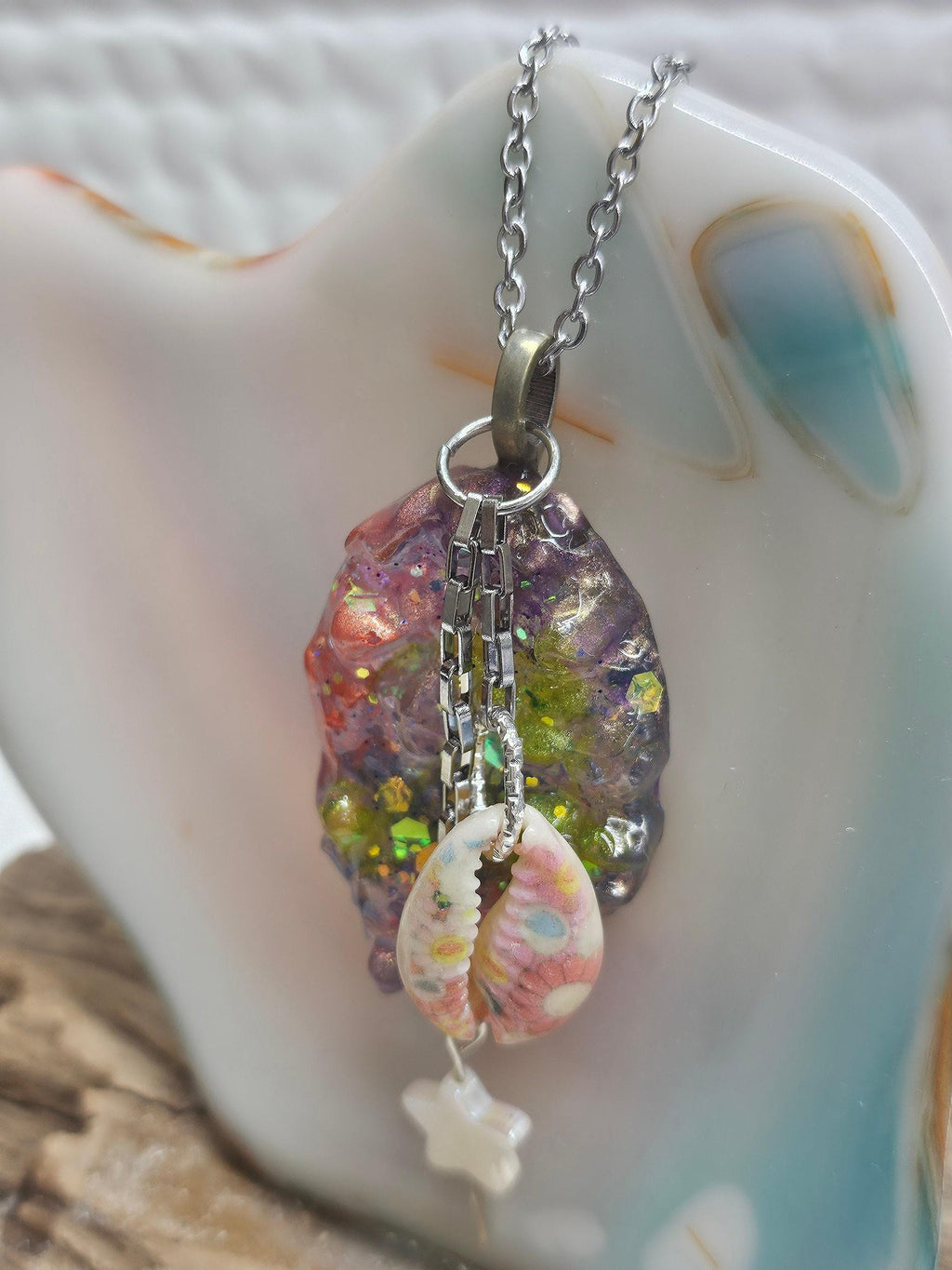 Mother of Pearl  Painted Cowrie Shell Pendant - Rustic Boho Handmade Jewelry Gift for Her - Free Shipping - Unique Statement Necklace