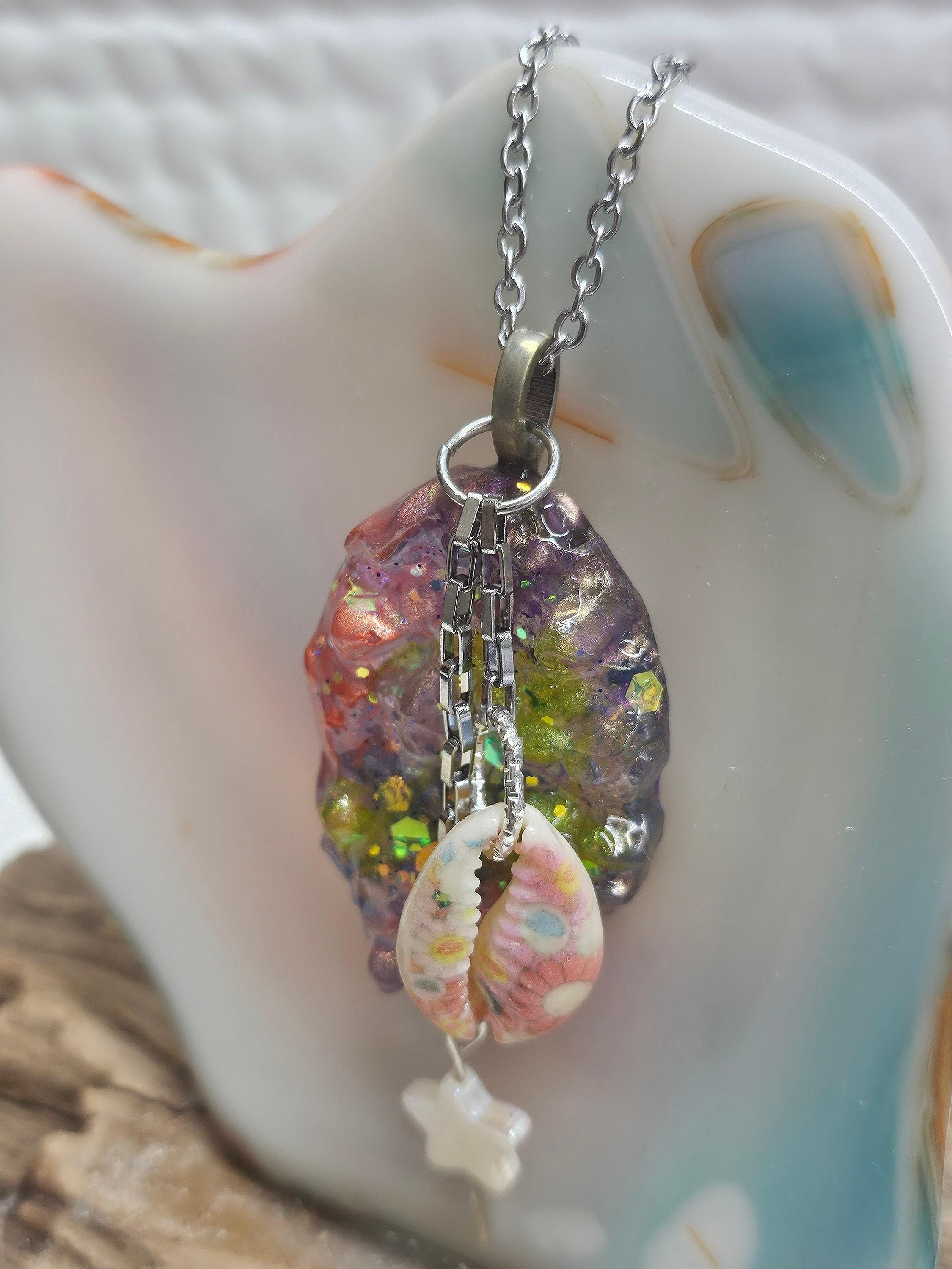 Mother of Pearl  Painted Cowrie Shell Pendant - Rustic Boho Handmade Jewelry Gift for Her - Free Shipping - Unique Statement Necklace