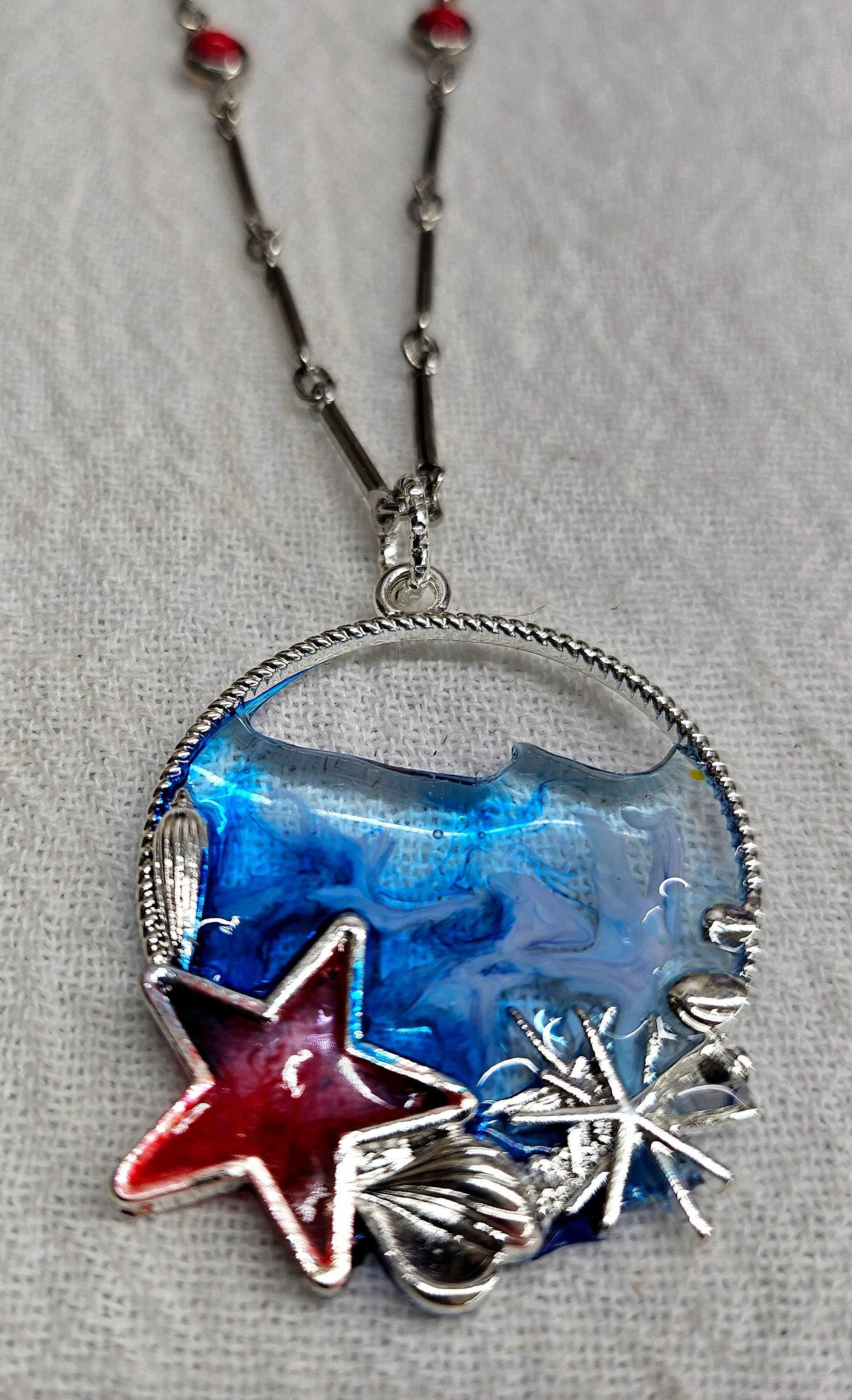 Handmade Red White Blue Resin Pendant Rustic Boho Jewelry Gift for Her  Free Shipping Unique Statement Piece Perfect for Any Occasion