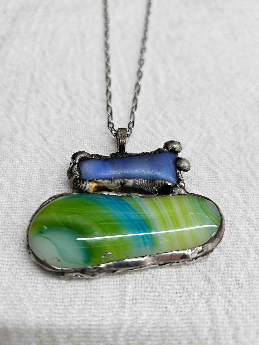 Fused Glass  Silver Soldered Pendant - Unique Rustic Boho Handmade Jewelry Gift for Her - Free Shipping Statement Piece