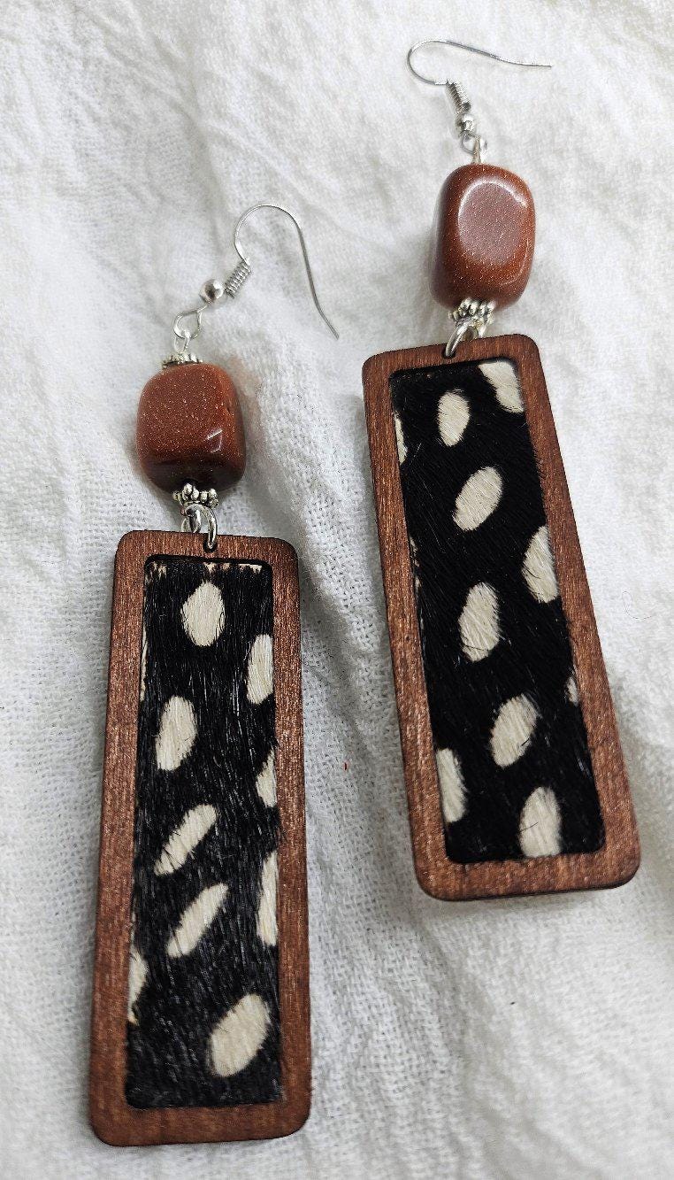 Wooden Animal Print Drop Earrings with Stainless Steel Hooks for Stylish Comfort - Nature-Inspired Fashion Statement