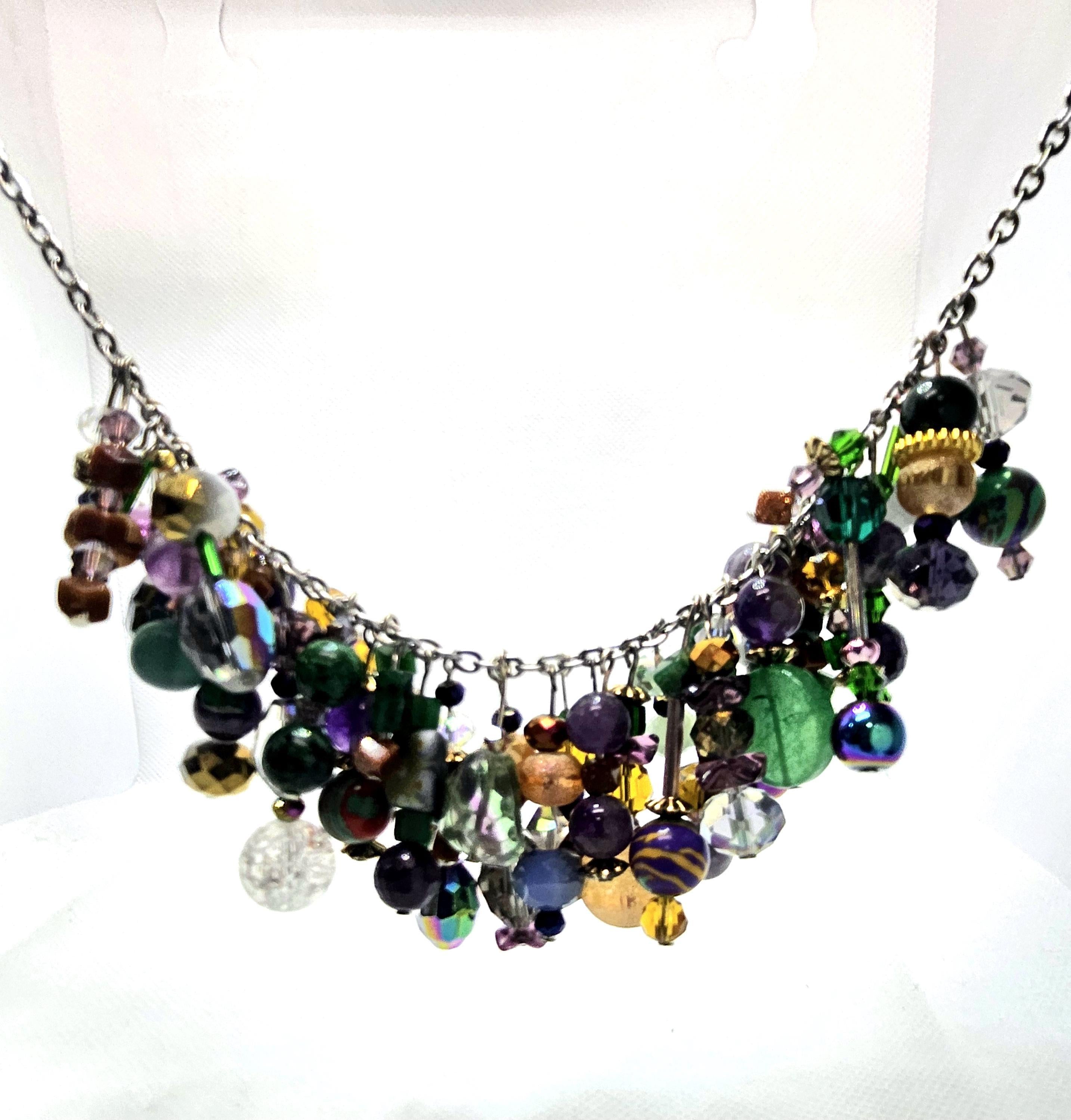 Crystal  Glass Cluster Necklace - Rustic Boho Handmade Jewelry Gift for Her - Free Shipping - Unique Statement Piece for Any Occasion