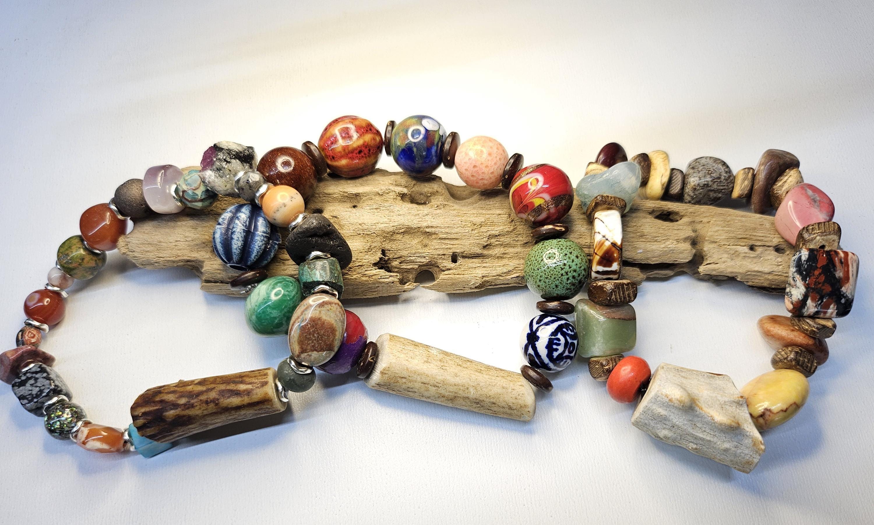 Multi-Gem Stone  Ceramic Deer Antler Bracelet Rustic Boho Handmade Jewelry Gift for Her Unique Nature-Inspired Accessory with Free Shipping