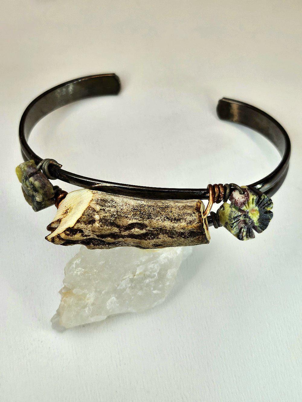 Natural Deer Antler  Flower Obsidian Cuff Bracelet for Rustic Boho Style Handmade Statement Jewelry FREE Shipping