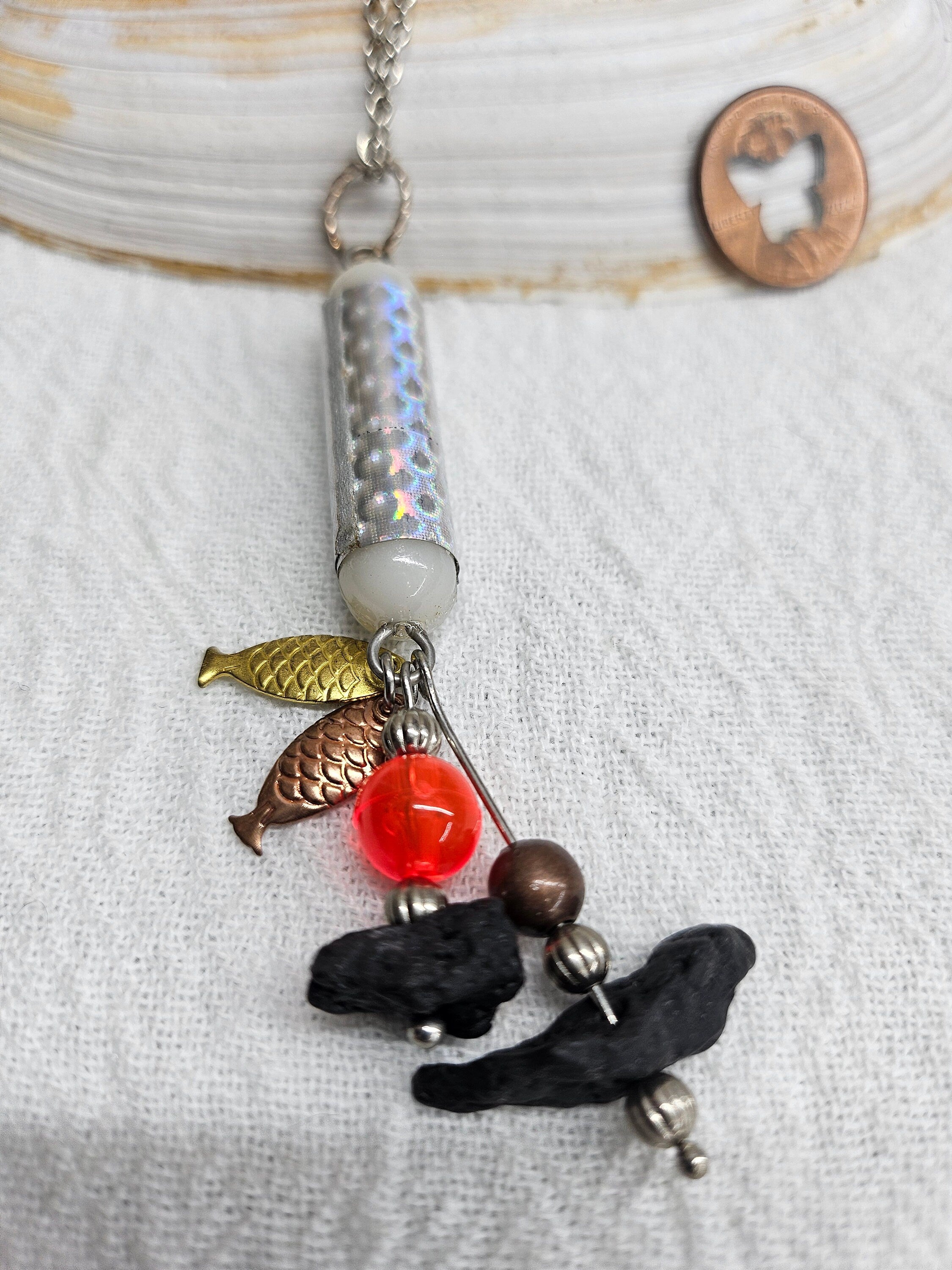 Fishing Charm Pendant with Lava Stone on Durable Stainless Steel Chain for Nature Lovers and Outdoor Enthusiasts