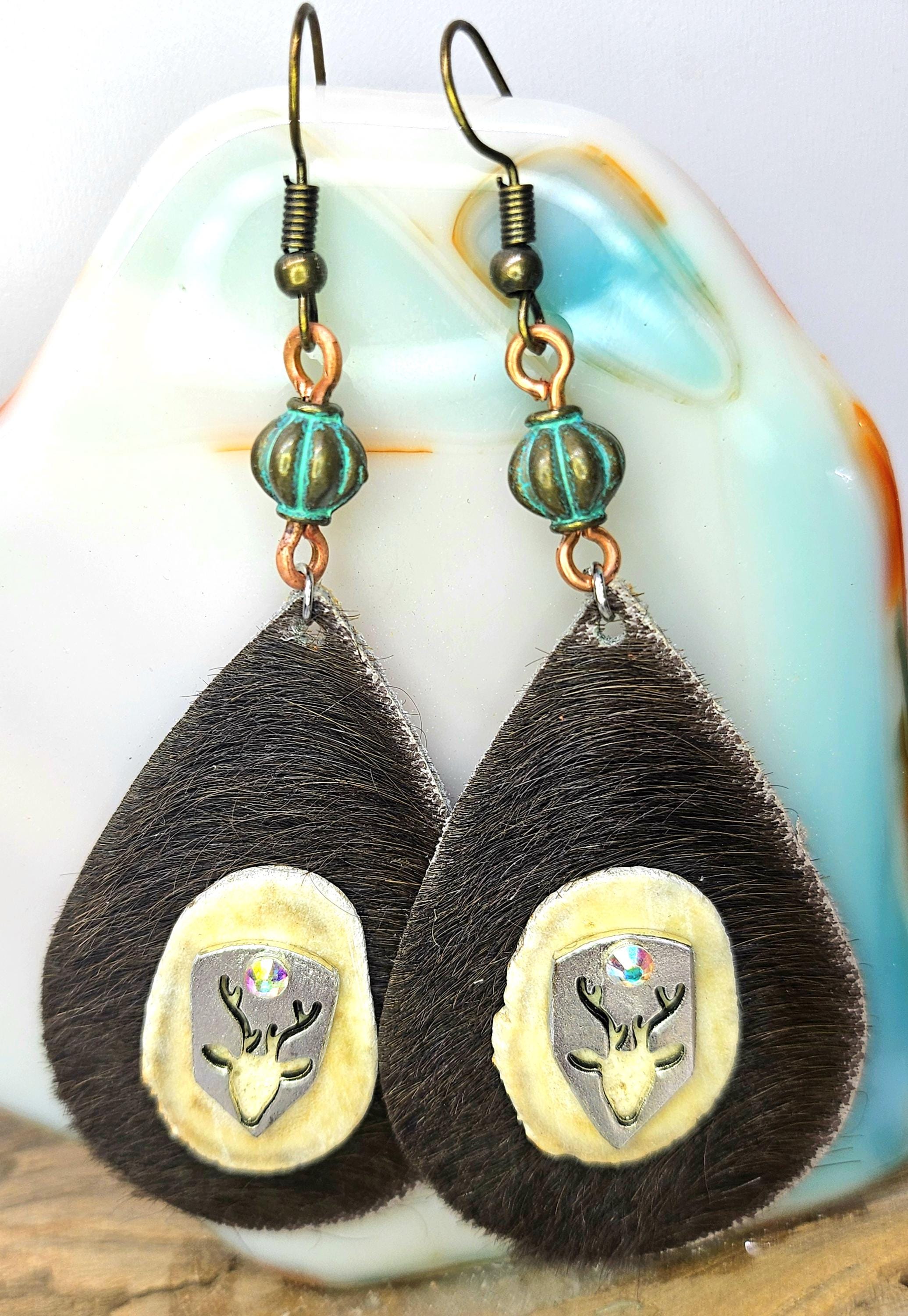 Rustic Deer Antler Slice  Leather Earrings on Stainless Steel Hooks for Nature Lovers  Woodland Chic Jewelry