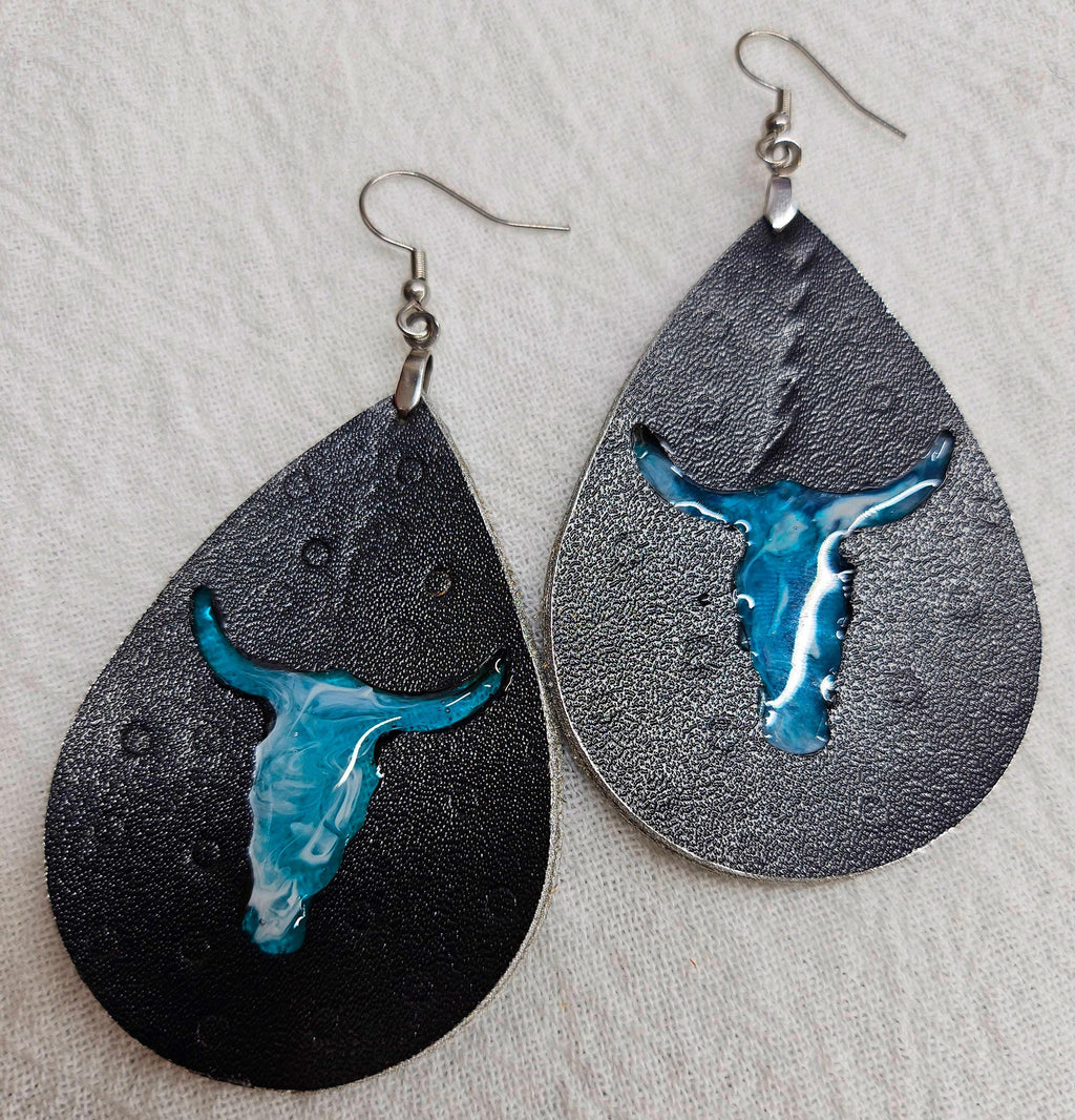Leather Teardrop Bull Head Earrings - Rustic Boho Handmade Jewelry Gift for Her - Unique Statement Piece for Cowgirl Style  Everyday Wear