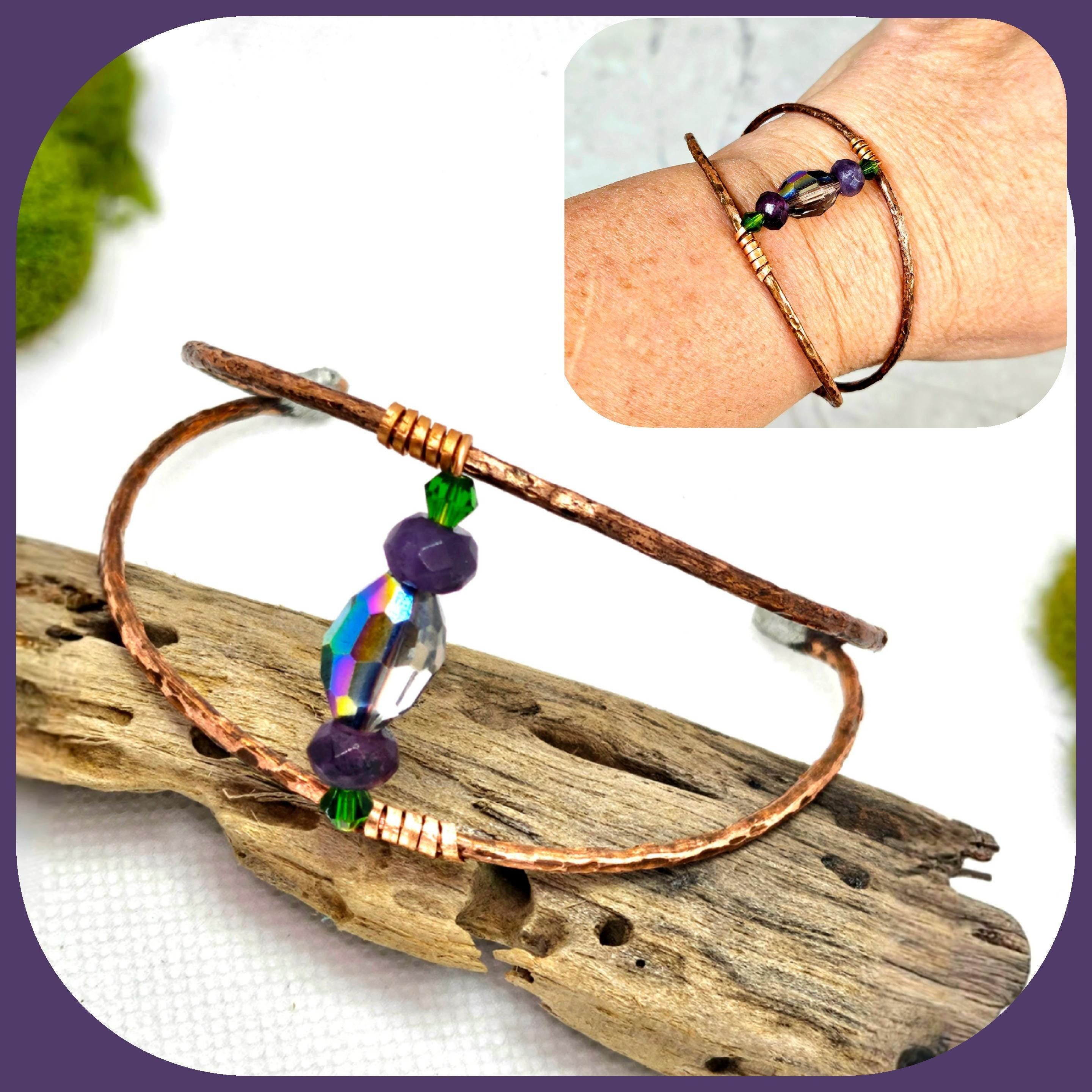 Textured Copper Wire Cuff Bracelet with Crystal Accent  Rustic Boho Handmade Jewelry Gift for Her  Free Shipping Available