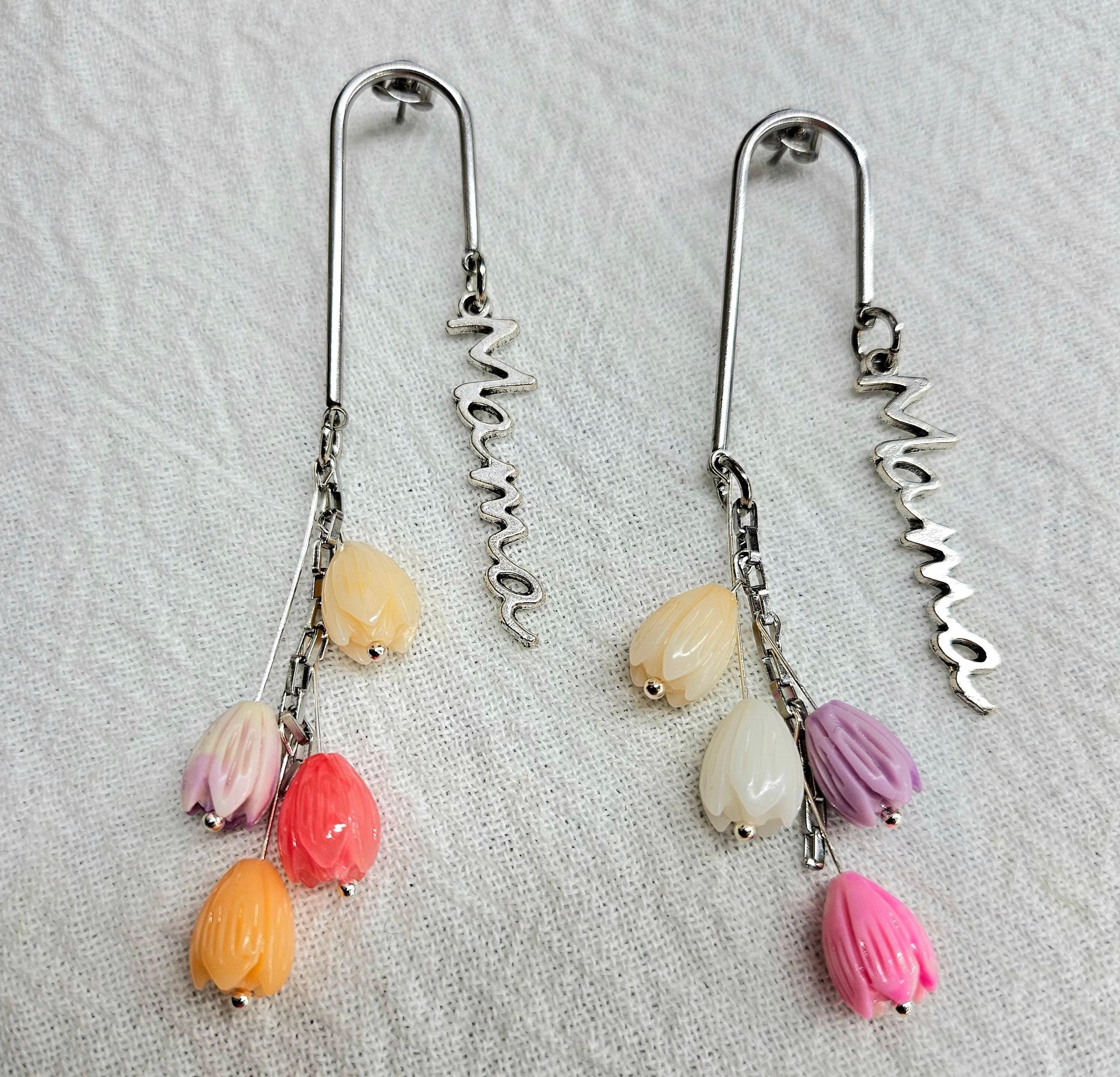Jasmine Flower  Mama Charm Earrings  Handmade Rustic Boho Jewelry Gift for Her  Unique Beaded Accessories with Free Shipping