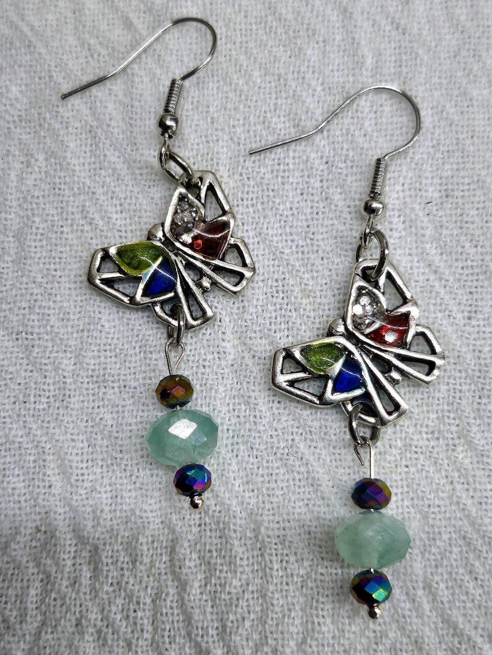 Butterfly Aquamarine Dangle Earrings in Stainless Steel - Rustic Boho Charm with Unique Elegance for Fairy Tale Style Perfect Gift