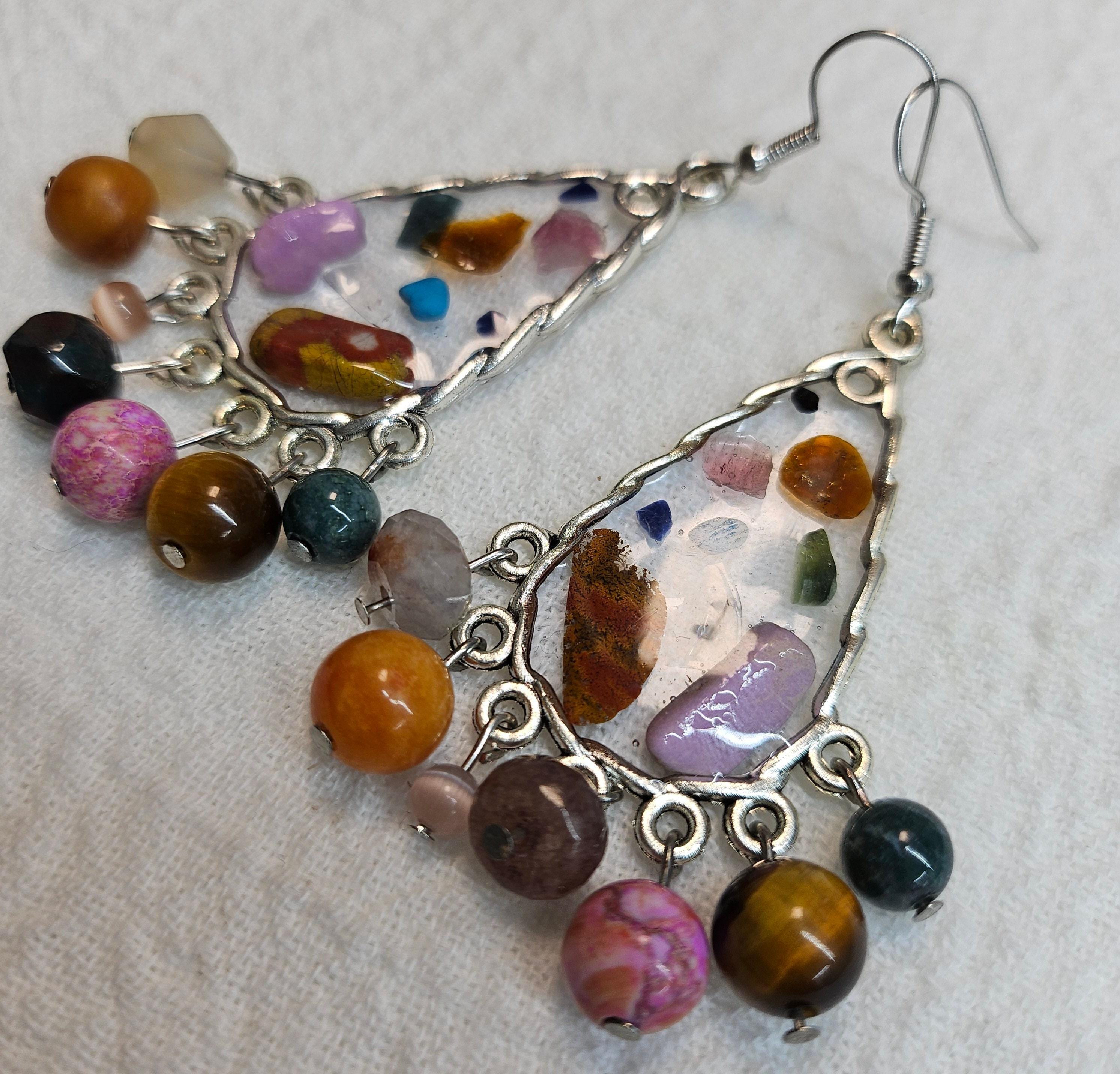 Mixed Stone Chandelier Earrings for Women  Rustic Boho Handmade Jewelry Gift with Free Shipping  Unique Statement Accessory 299