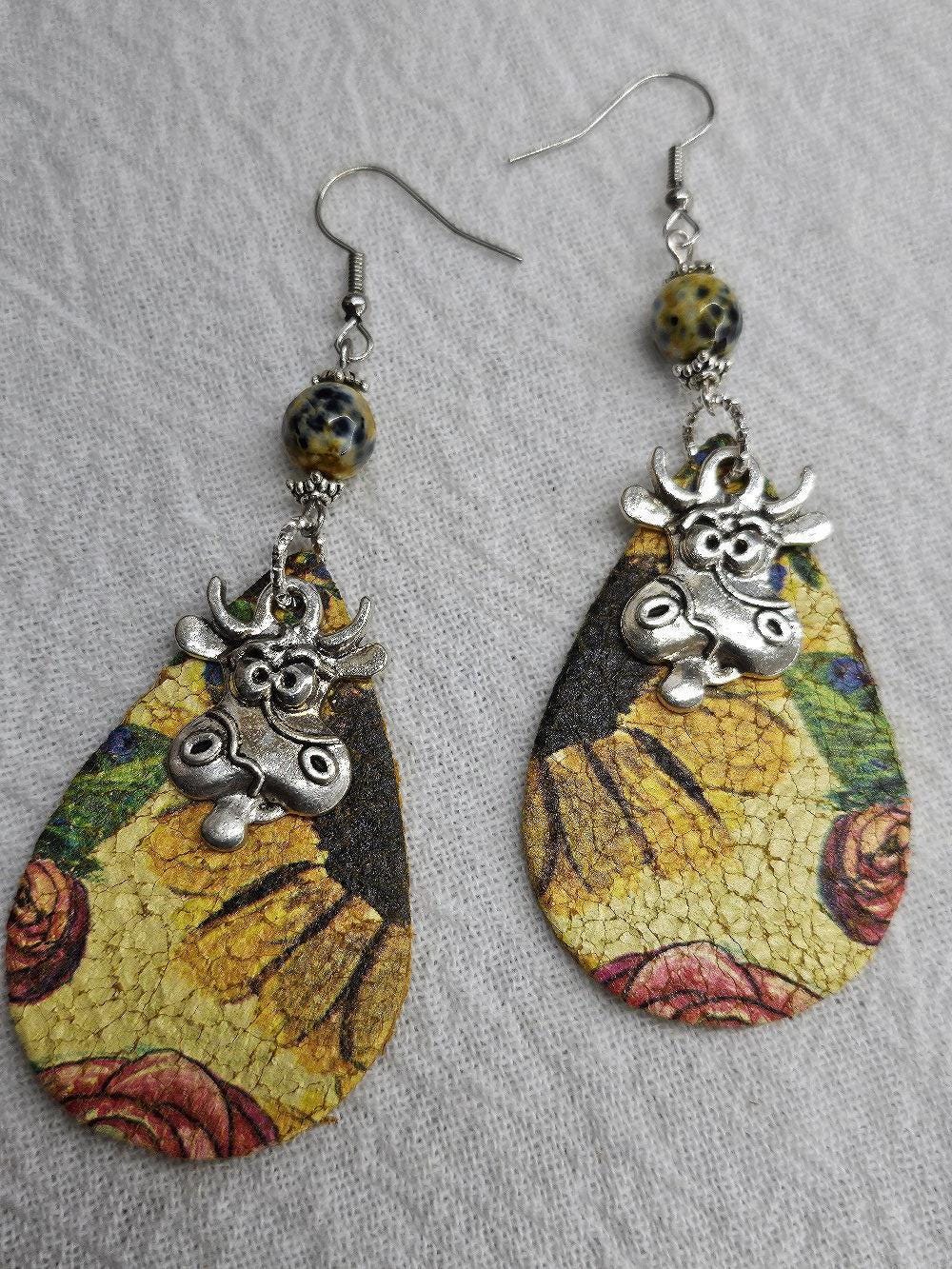 Leather Sunflower  Cow Print Dangle Earrings Handmade Rustic Boho Style Unique Stainless Steel Accessory for Gifting