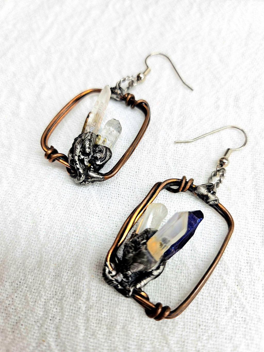 Rustic Wire  Crystal Point Earrings - Handmade Boho Jewelry Gift for Her - Unique Rustic Design with Free Shipping