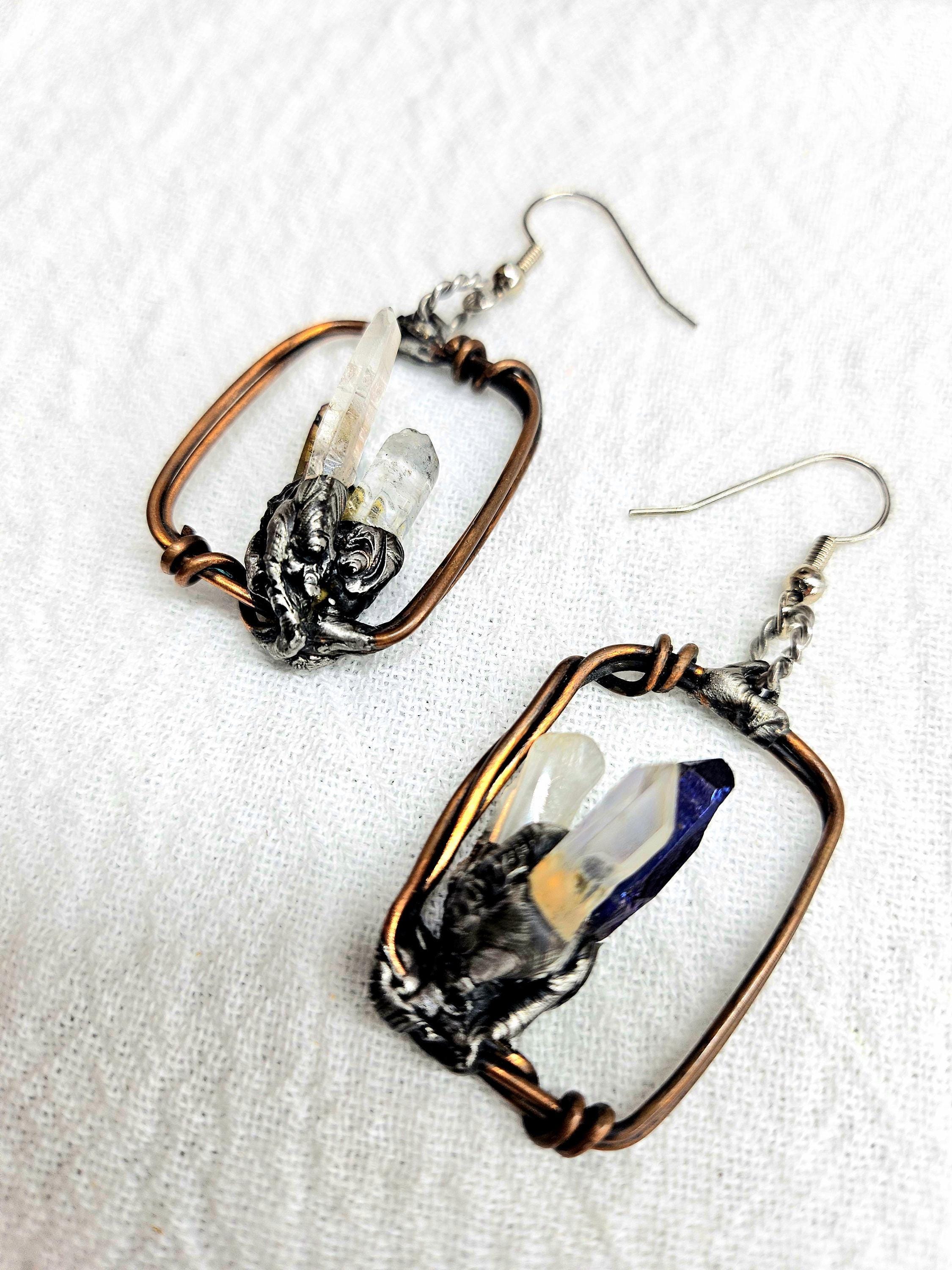 Rustic Wire  Crystal Point Earrings - Handmade Boho Jewelry Gift for Her - Unique Rustic Design with Free Shipping