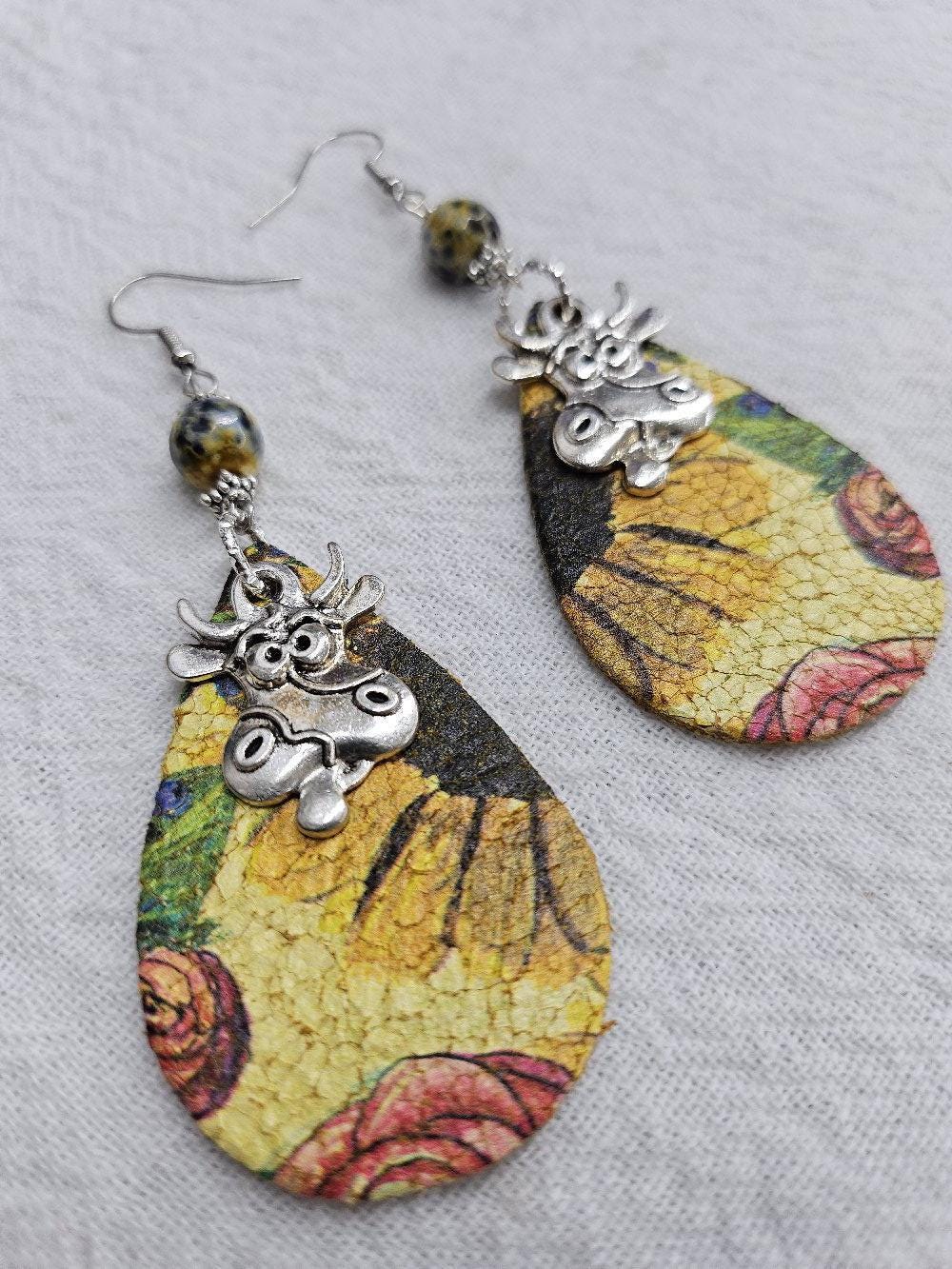 Leather Sunflower  Cow Print Dangle Earrings Handmade Rustic Boho Style Unique Stainless Steel Accessory for Gifting