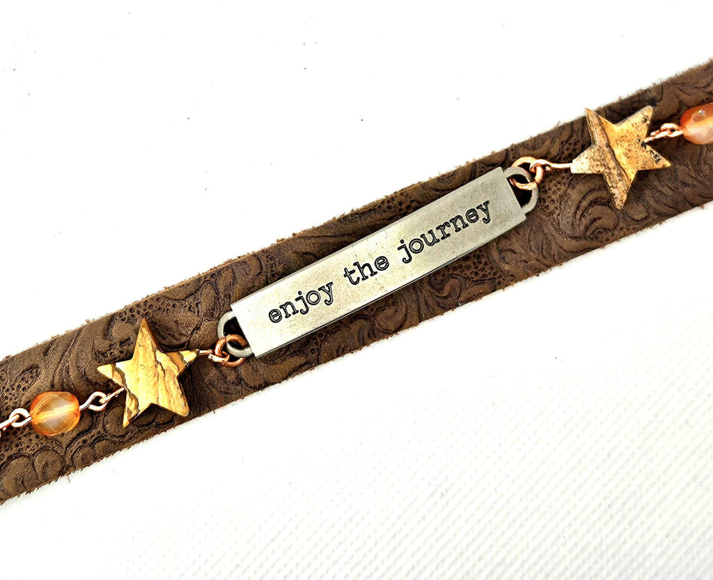 Tooled Leather  Jasper Stone Bracelet with Unique Word Plate Snap Closure for Stylish Comfort  Expression