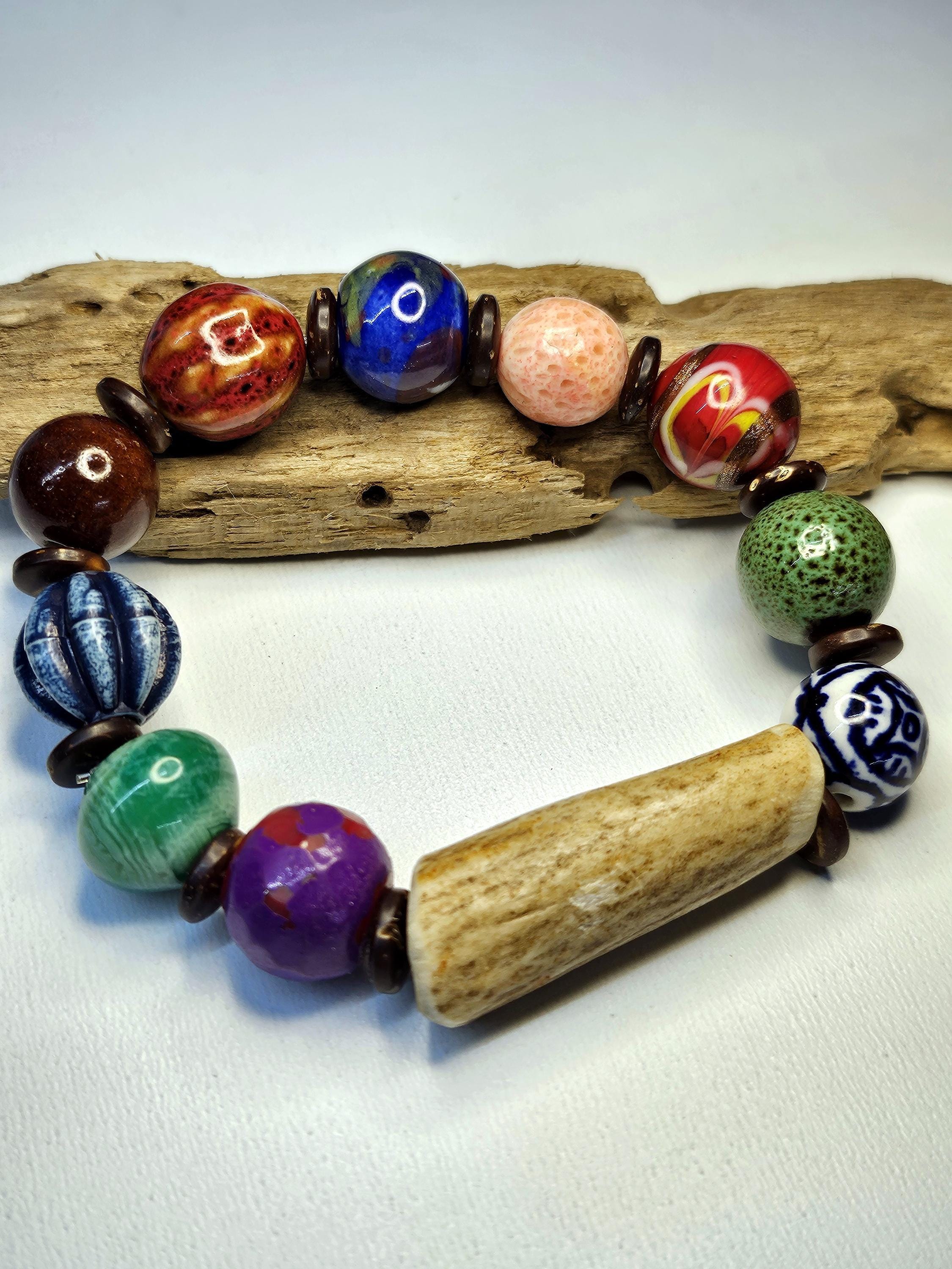 Multi-Gem Stone  Ceramic Deer Antler Bracelet Rustic Boho Handmade Jewelry Gift for Her Unique Nature-Inspired Accessory with Free Shipping