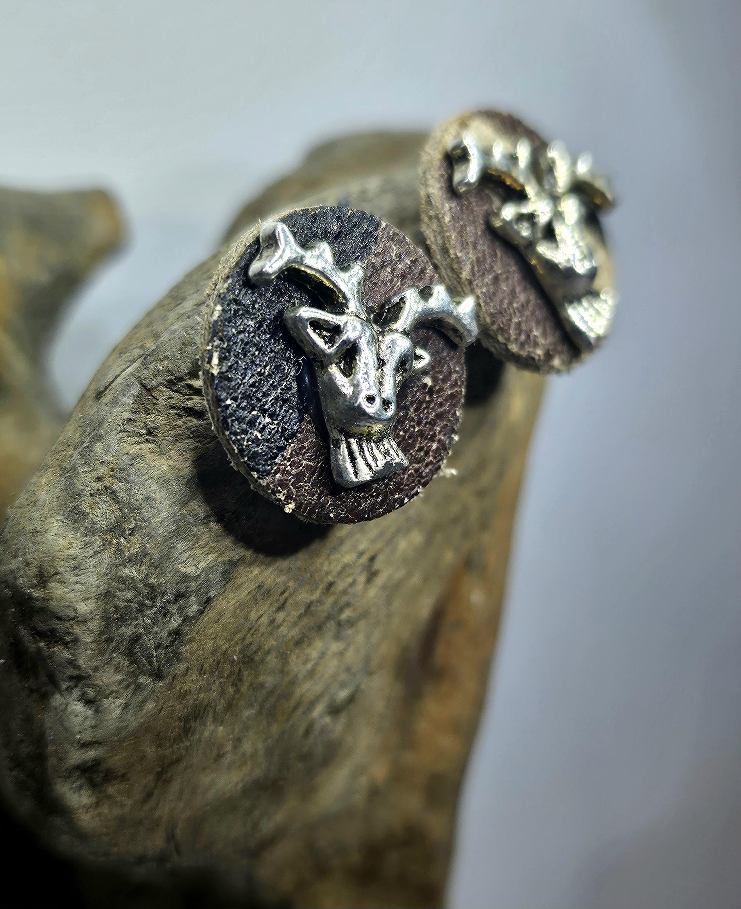 Handcut Camouflage Leather Stud Earrings with Whimsical Deer Charm for Nature Lovers Adventurers  Animal Enthusiasts