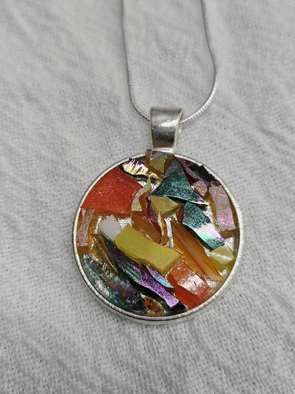 Dichroic Glass Mosaic Pendant Necklace - Rustic Boho Handmade Jewelry Gift for Her - Unique Statement Piece with FREE SHIPPING