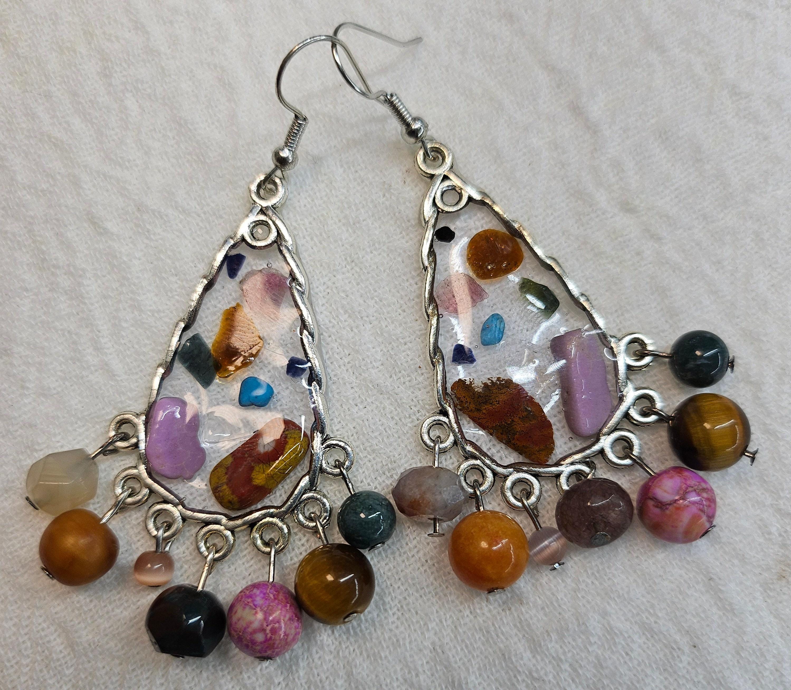 Mixed Stone Chandelier Earrings for Women  Rustic Boho Handmade Jewelry Gift with Free Shipping  Unique Statement Accessory 299