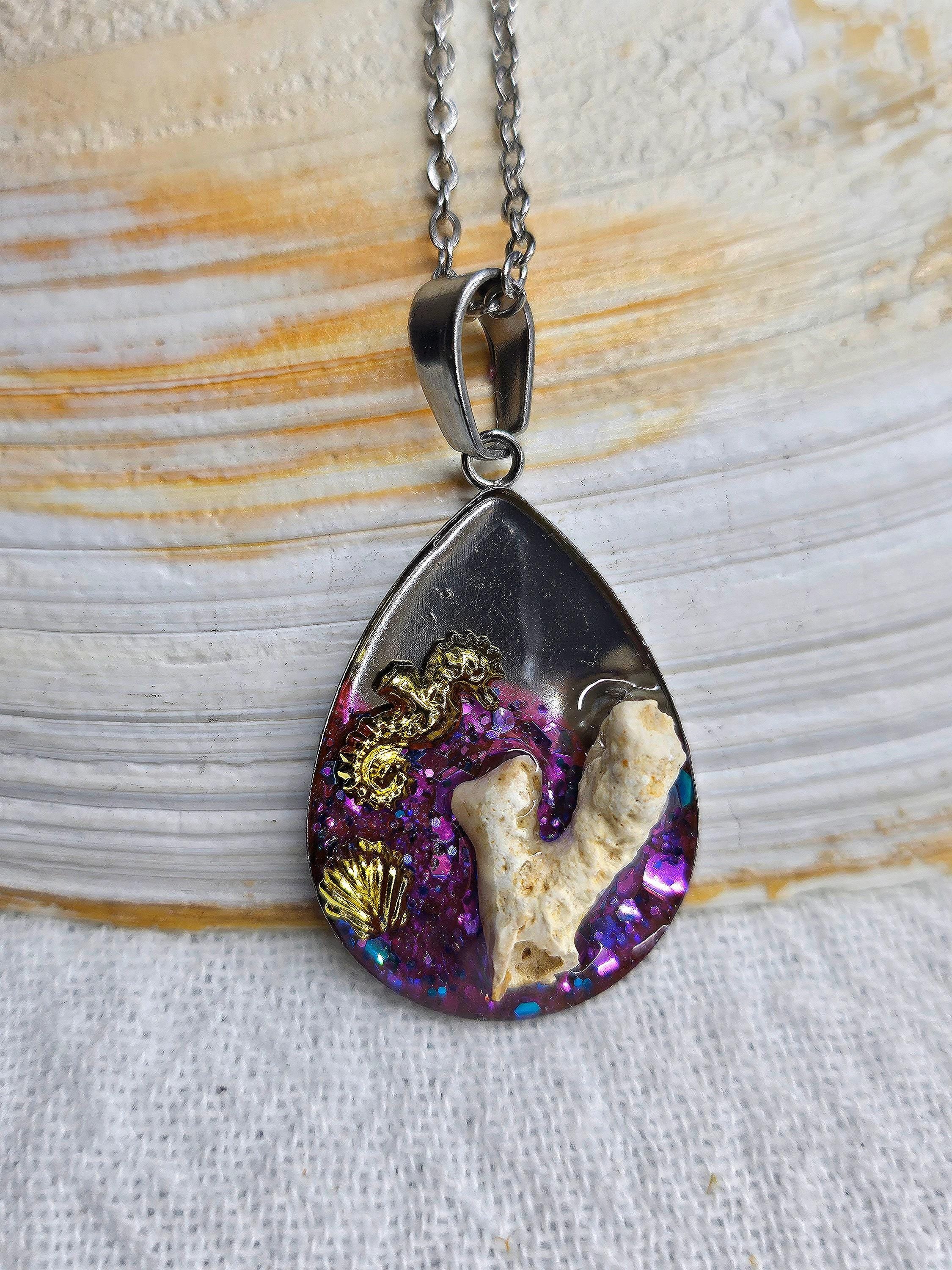 White Hawaiian Coral Pendant  Rustic Boho Handmade Jewelry Gift for Her  Unique Resin  Stainless Steel Accessory with Free Shipping