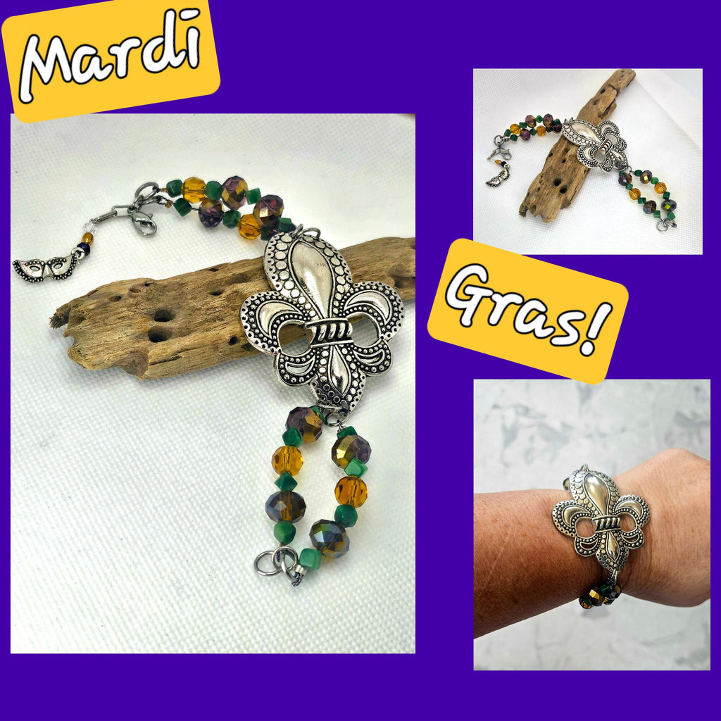 Moss Agate  Fleur De Lis Charm Bracelet for Mardi Gras Celebration Earthy Chic Jewelry Colorful Statement Accessory Perfect Gift