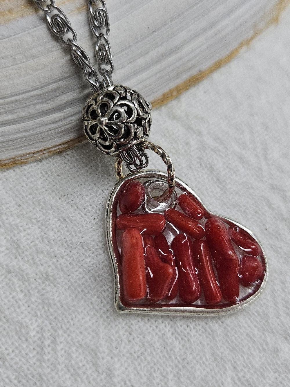 Natural Red Coral Pendant Necklace with Stainless Steel Filigree Bead on 20 Chain - Unique Ocean-Inspired Jewelry for Stylish Women