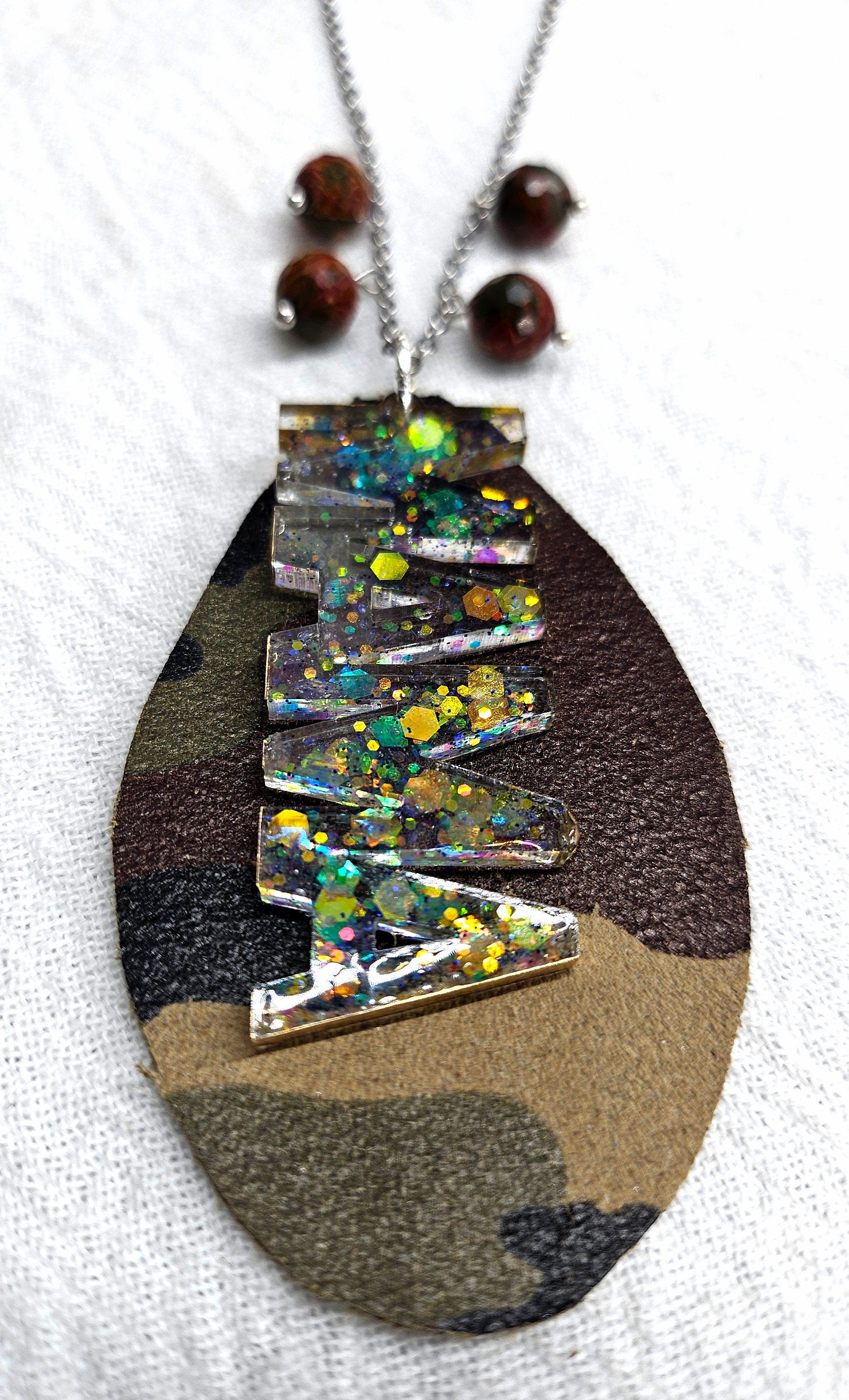 Mama Charm Leather Fringe Pendant with Cherry Creek Jasper Beads on Stainless Steel Chain - Stylish Camo Teardrop Accessory for Moms