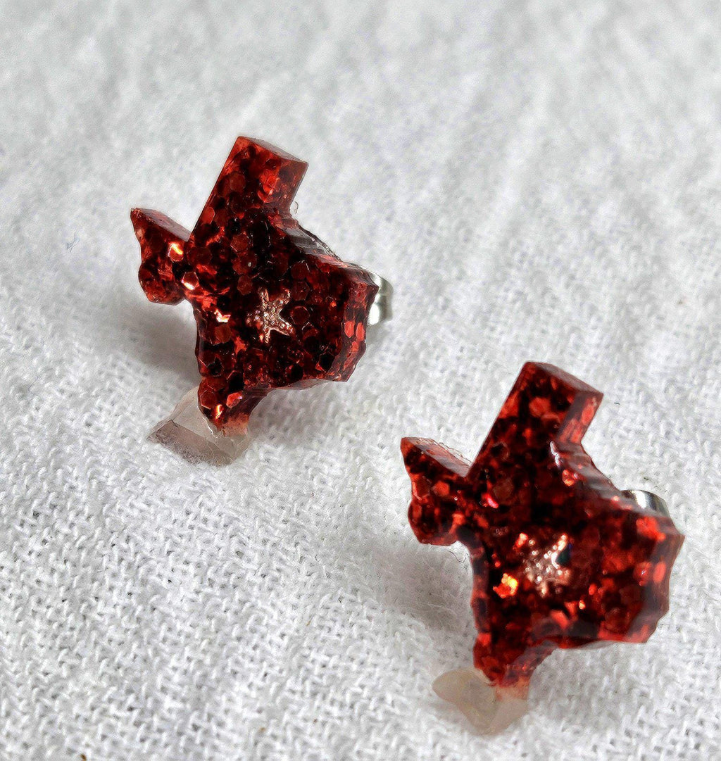 Texas Resin Stud Earrings with Glitter  Stainless Steel Post - Handmade Rustic Boho Jewelry for Everyday Wear Perfect Gift