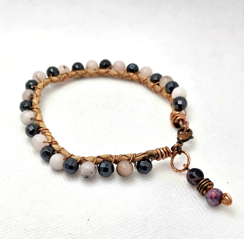 Rutilated Quartz  Hematite Leather Bracelet - Rustic Boho Handmade Jewelry Gift for Her - FREE SHIPPING