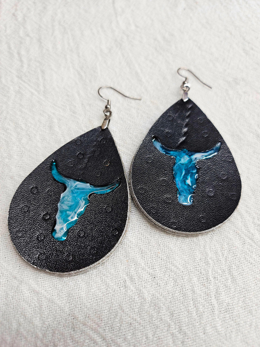 Leather Teardrop Bull Head Earrings - Rustic Boho Handmade Jewelry Gift for Her - Unique Statement Piece for Cowgirl Style  Everyday Wear