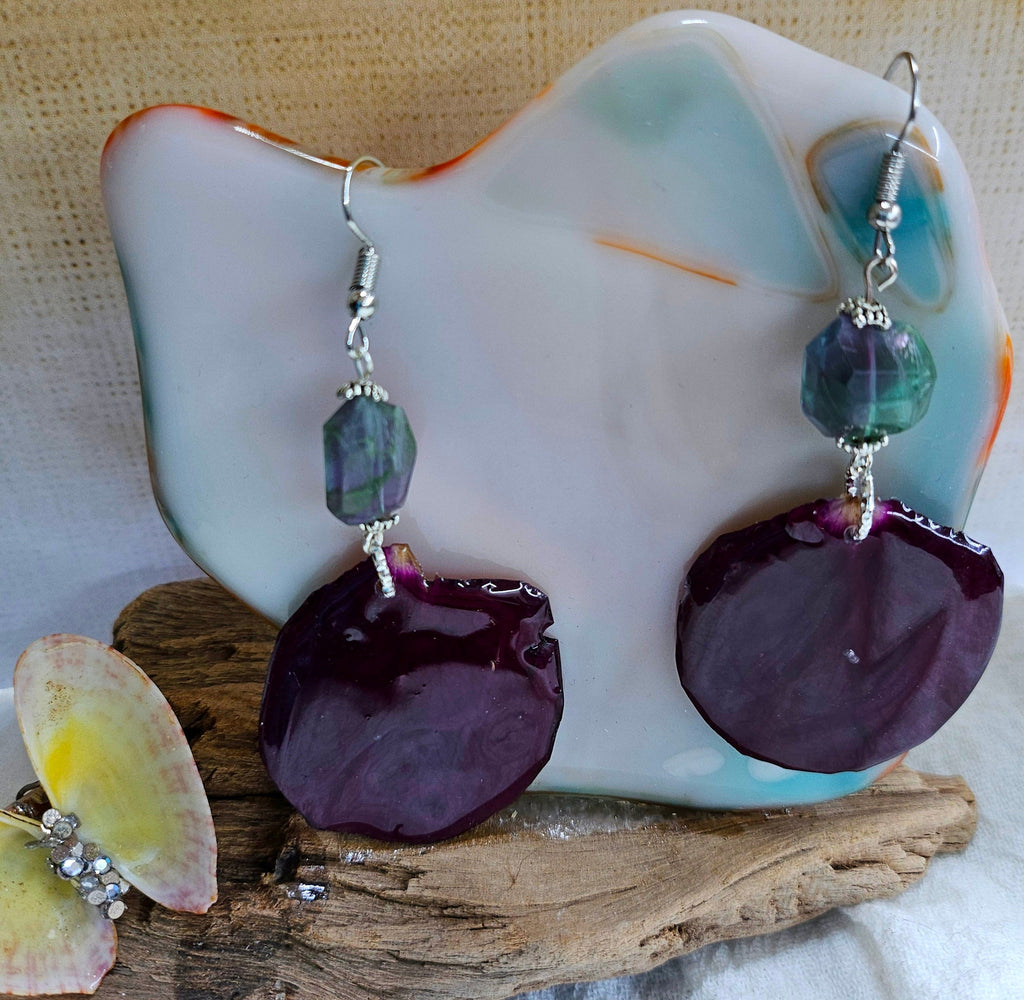 Dried  Pressed Rose Petal Earrings with Flourite Stone - Nature-Inspired Jewelry for Garden Lovers Floral Accessories for Every Occasion