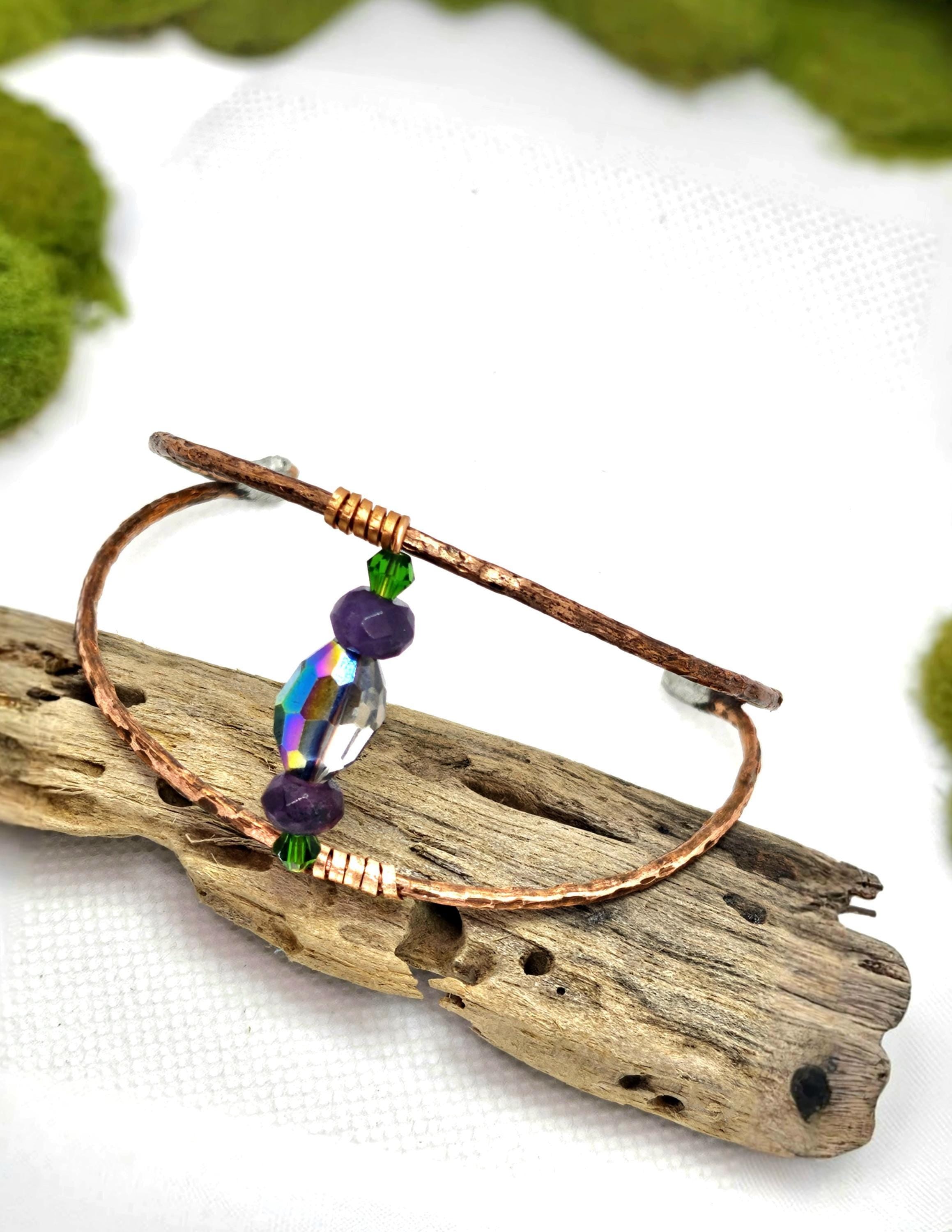 Textured Copper Wire Cuff Bracelet with Crystal Accent  Rustic Boho Handmade Jewelry Gift for Her  Free Shipping Available