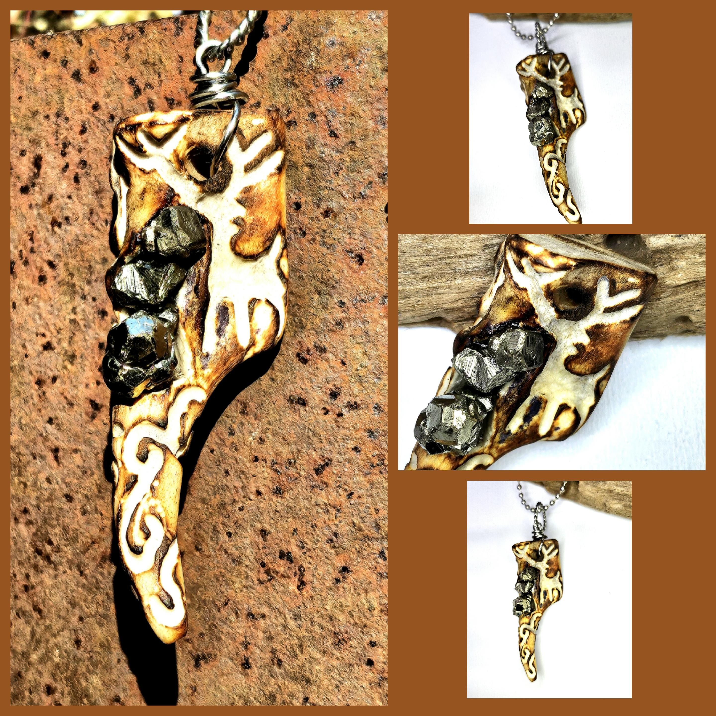 Hand Carved Deer Tine  Pyrite Nugget Pendant on Stainless Steel Chain  Rustic Woodland Jewelry Good Luck Charm for Nature Lovers