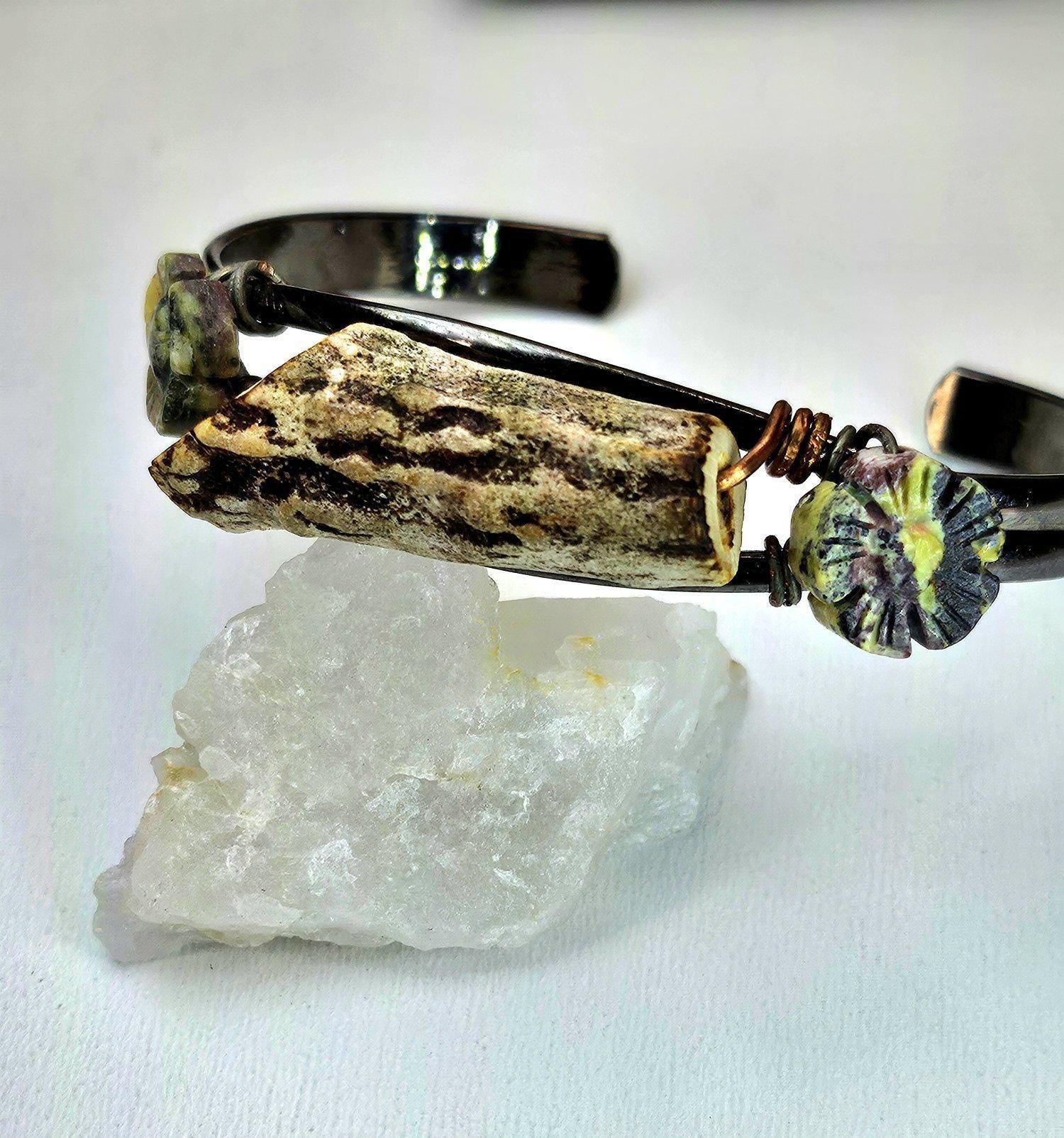 Natural Deer Antler  Flower Obsidian Cuff Bracelet for Rustic Boho Style Handmade Statement Jewelry FREE Shipping