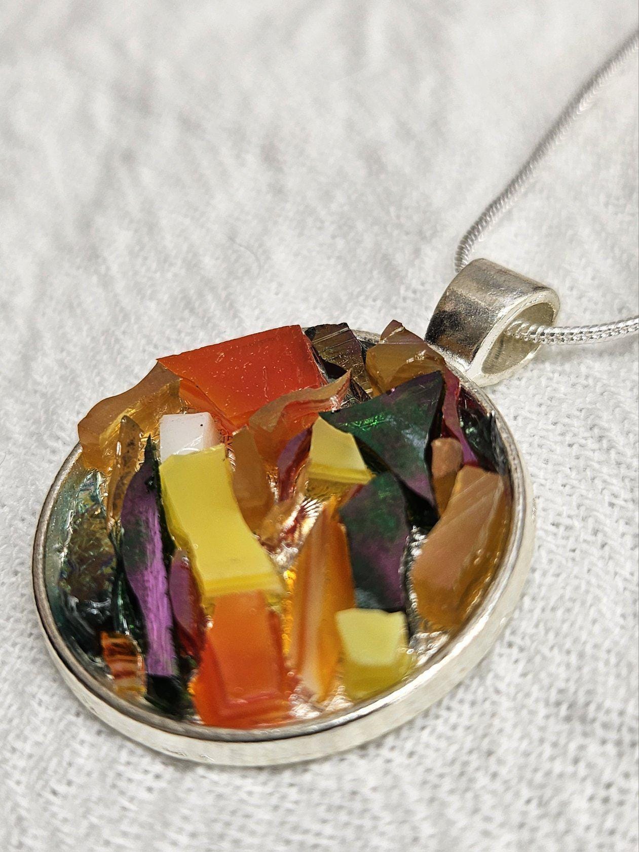 Dichroic Glass Mosaic Pendant Necklace - Rustic Boho Handmade Jewelry Gift for Her - Unique Statement Piece with FREE SHIPPING