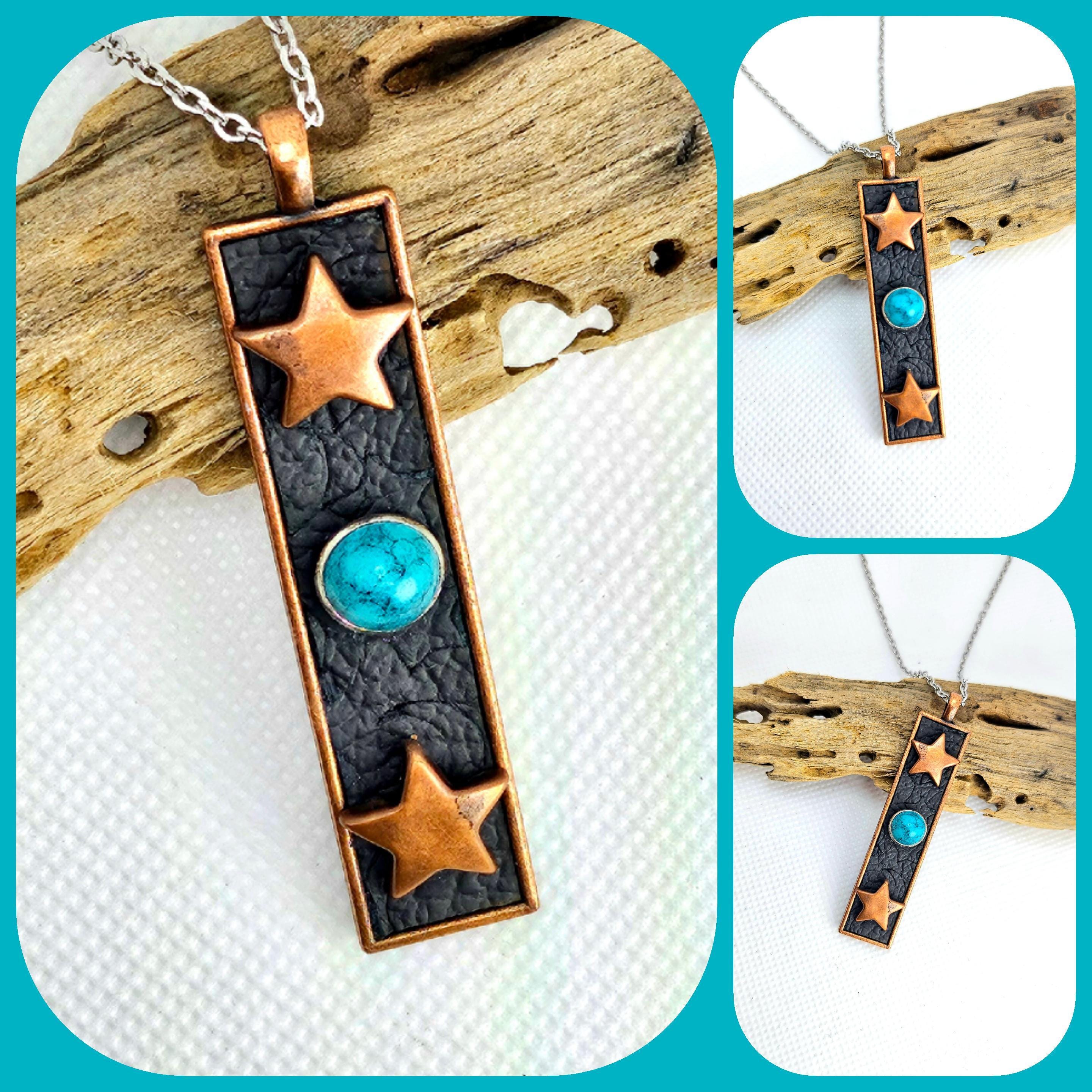 Handmade Copper  Turquoise Pendant Necklace on Durable Stainless Steel Chain for Rustic Boho Style Perfect Gift Idea