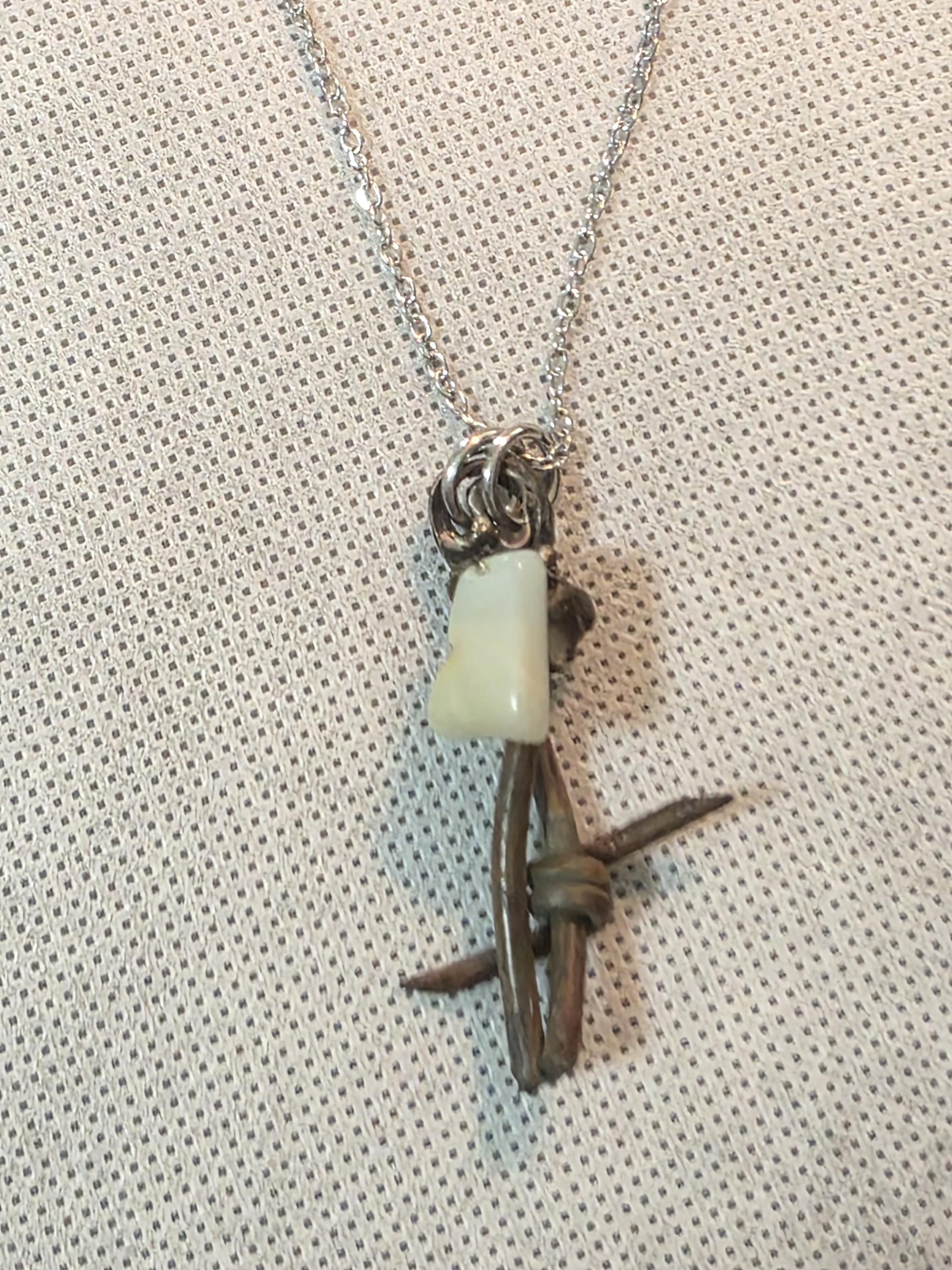 Handmade Barbed Wire Green Jade Pendant on Stainless Steel Chain - Unique Rustic Boho Jewelry for Gift or Personal Style